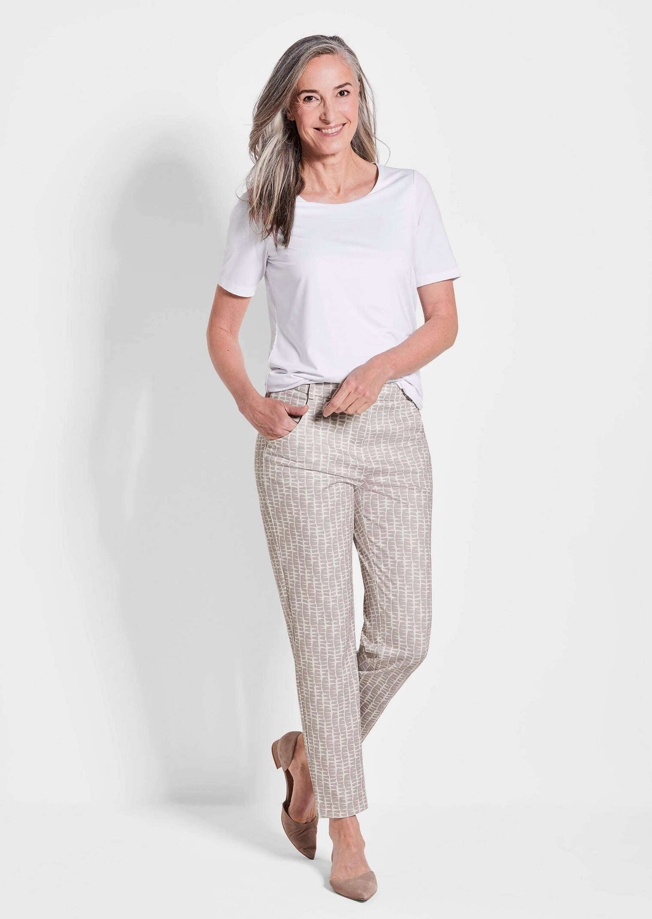 Stoffhose GOLDNER "Jerseyhose BELLA mit Print", Damen, Gr. 40, N-Gr, beige (stein, gemustert), Obermaterial: 89% Polyester PES. 11% Elasthan EL., Hosen Stoffhose 3
