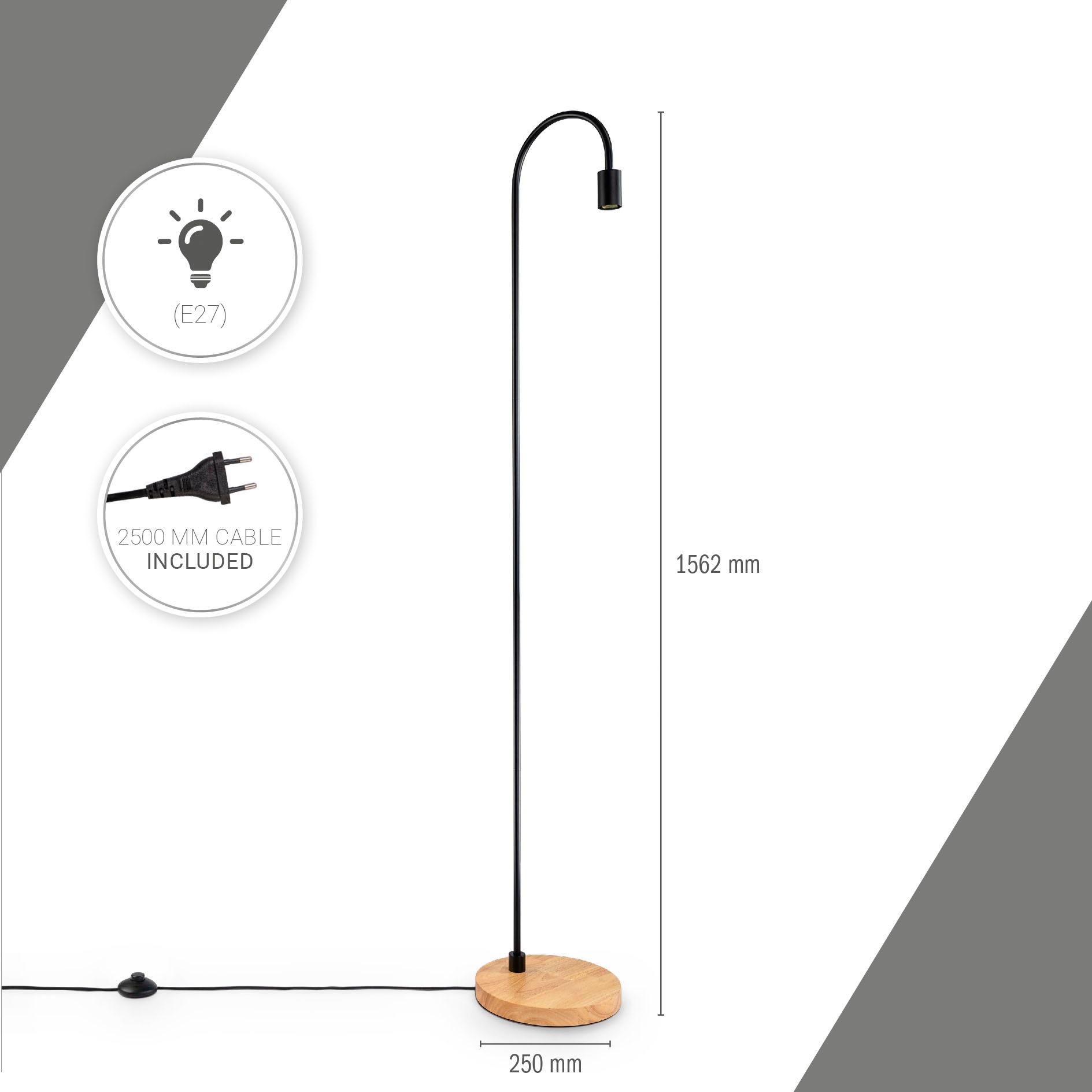 Paco Home Stehlampe »WALTER«, Leuchtmittel E27 | ohne Leuchtmittel, Bogenlampe Industrial LED Wohnzimmer Skandi Minimalistisch Holz Fuß