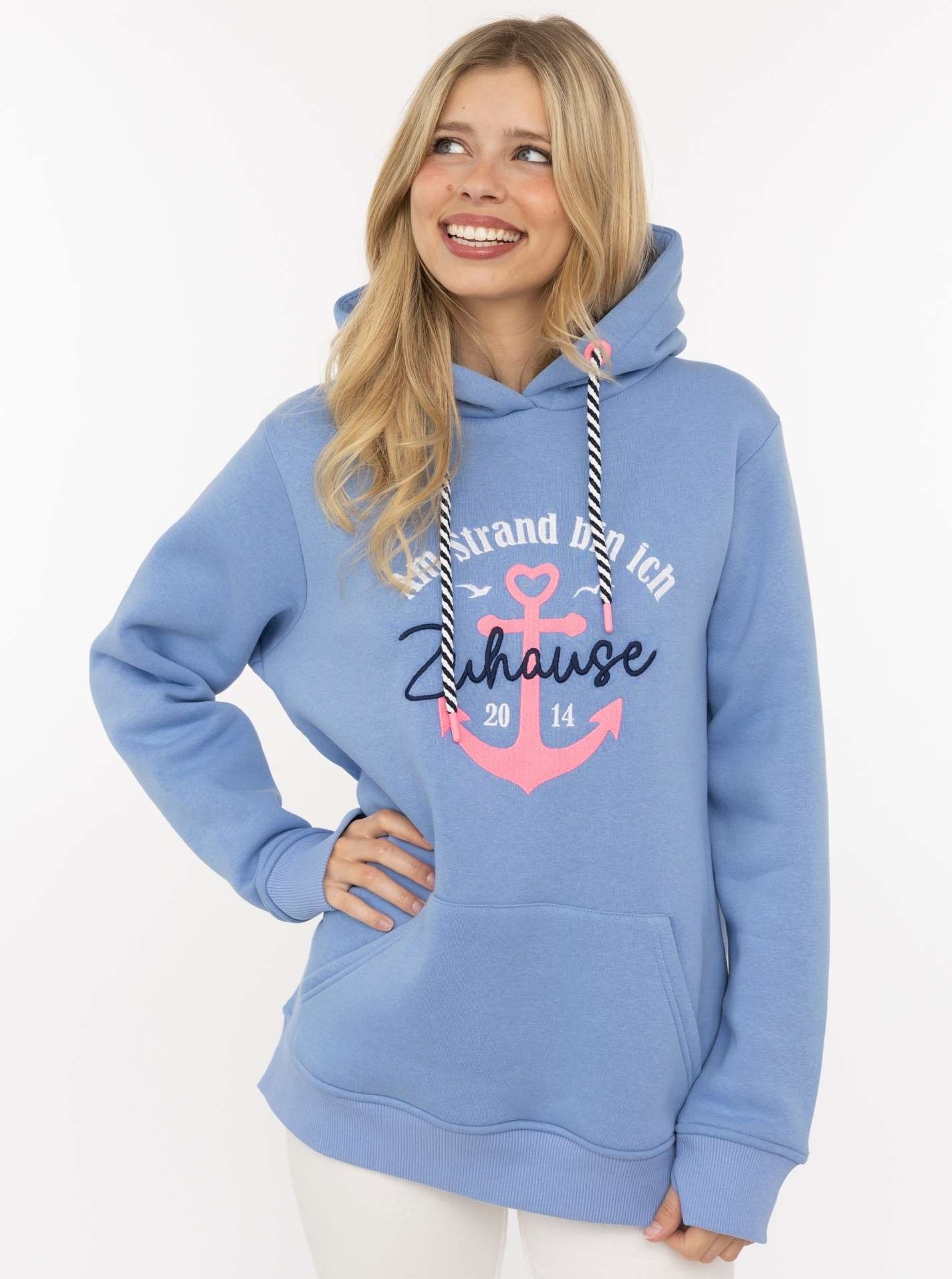 Zwillingsherz Hoodie ""Beach Home"", Motiv „Am Strand bin ich zu Hause“, Anker, Kapuze mit Kordel