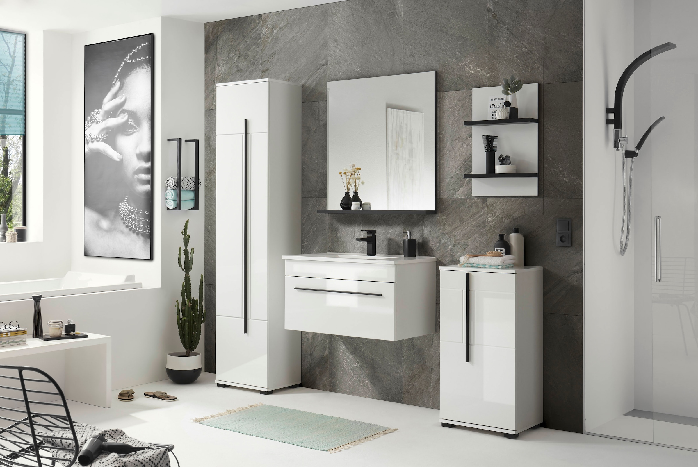 INOSIGN Badmöbel-Set »Cantara, Bad im modernen Design, 5-teiliges Badezimmer«, (Set, 5 St.), Waschtisch, Schränke, Hängeregal und Spiegel, in Weiß Hochglanz