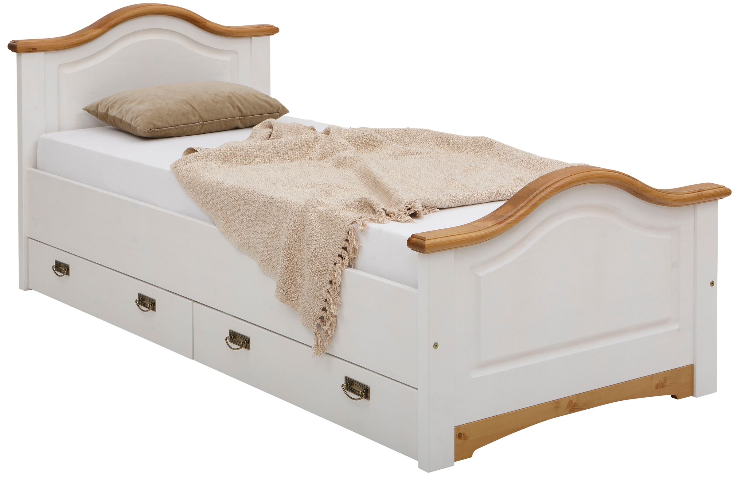 OTTO home Massivholzbett "Konrad, Stauraumbett, Messinggriffe, rustikaler L günstig online kaufen