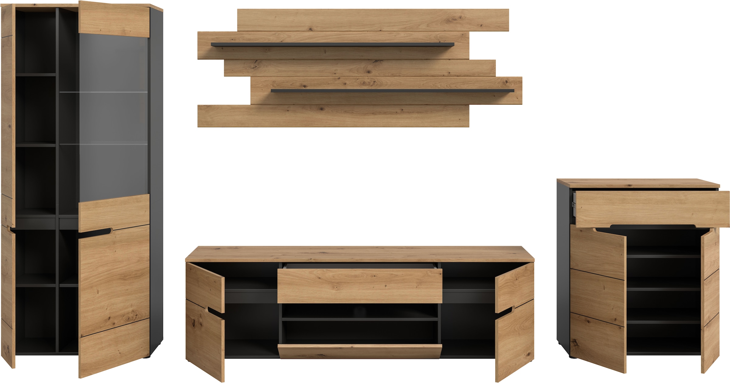 INOSIGN Wohnwand »REHAT, TOPSELLER!, 4-teilig, Breite 375 cm, individuell stellbar«, (4 St., Set bestehend aus: Vitrine, Lowboard, Wandboard und Kommode), Kombination, Anbauwand, Set, Wohn-Set, Wohnzimmer-Set, Schrankwand