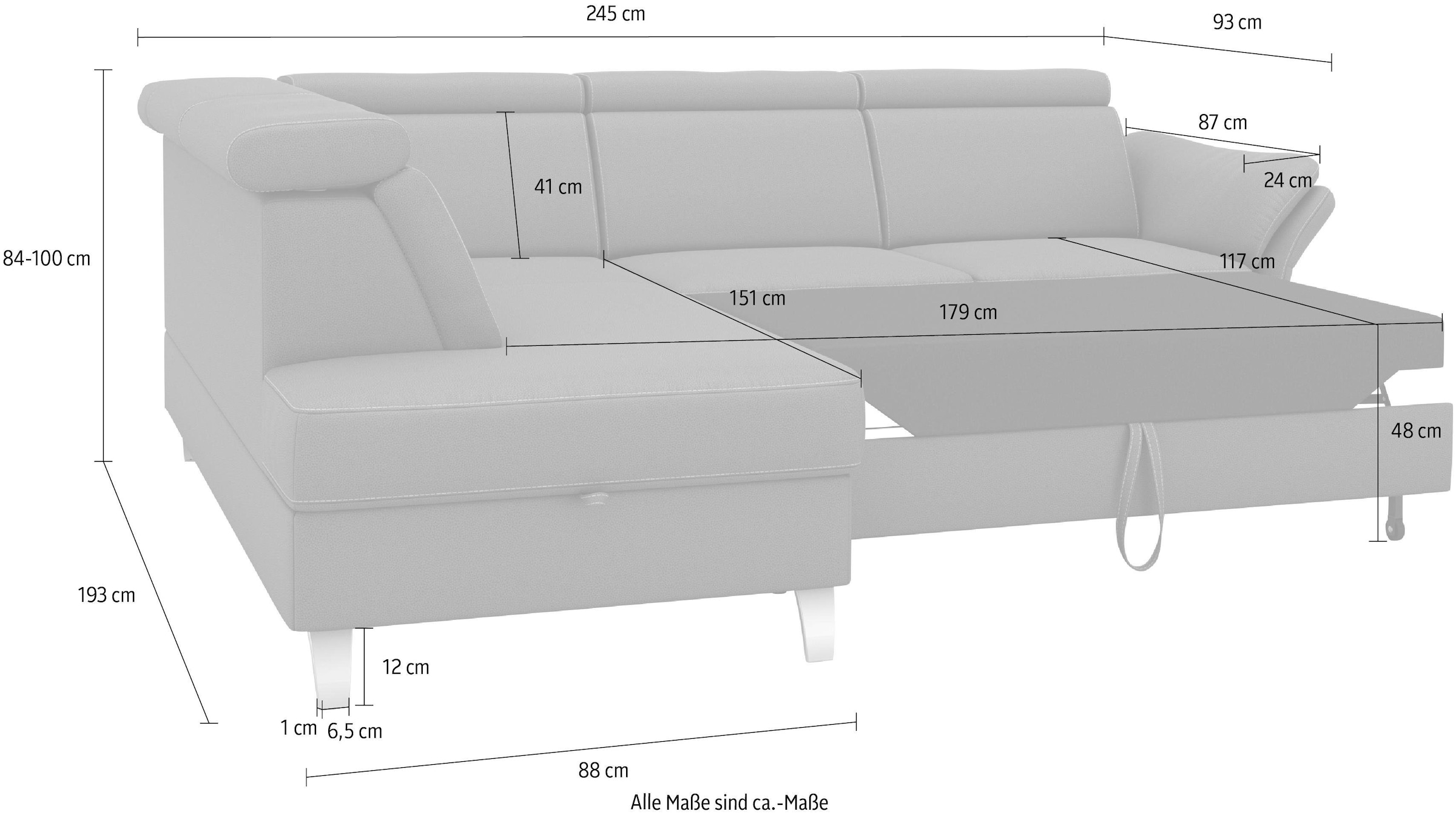 sit&more Ecksofa »Vincenzo L-Form«, inklusive Kopfteilverstellung, wahlweise mit Bettfunktion, Bettkasten