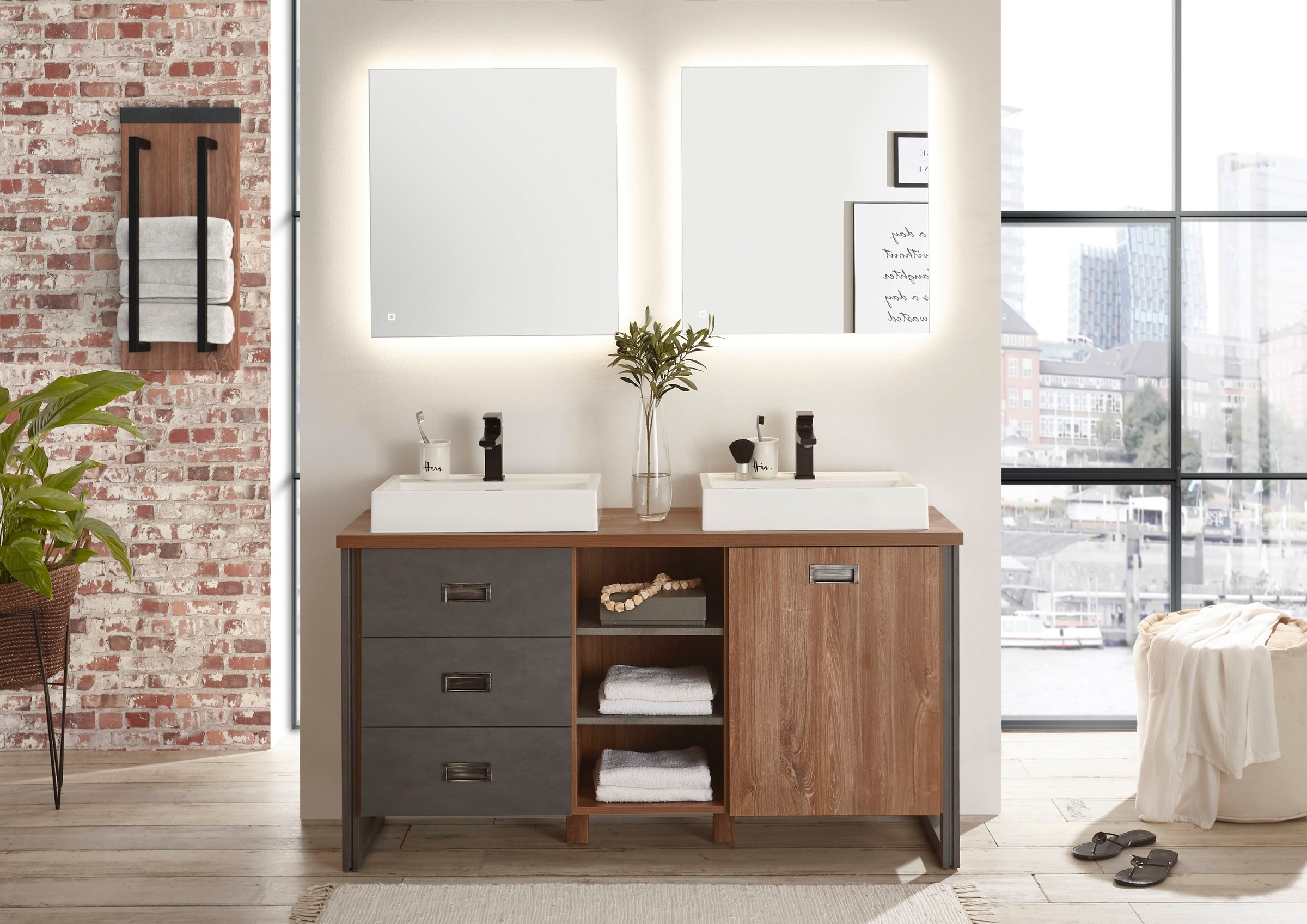 Home affaire Badmöbel-Set "Detroit, Bad im Industrialdesign, inkl. LED, 2-t günstig online kaufen