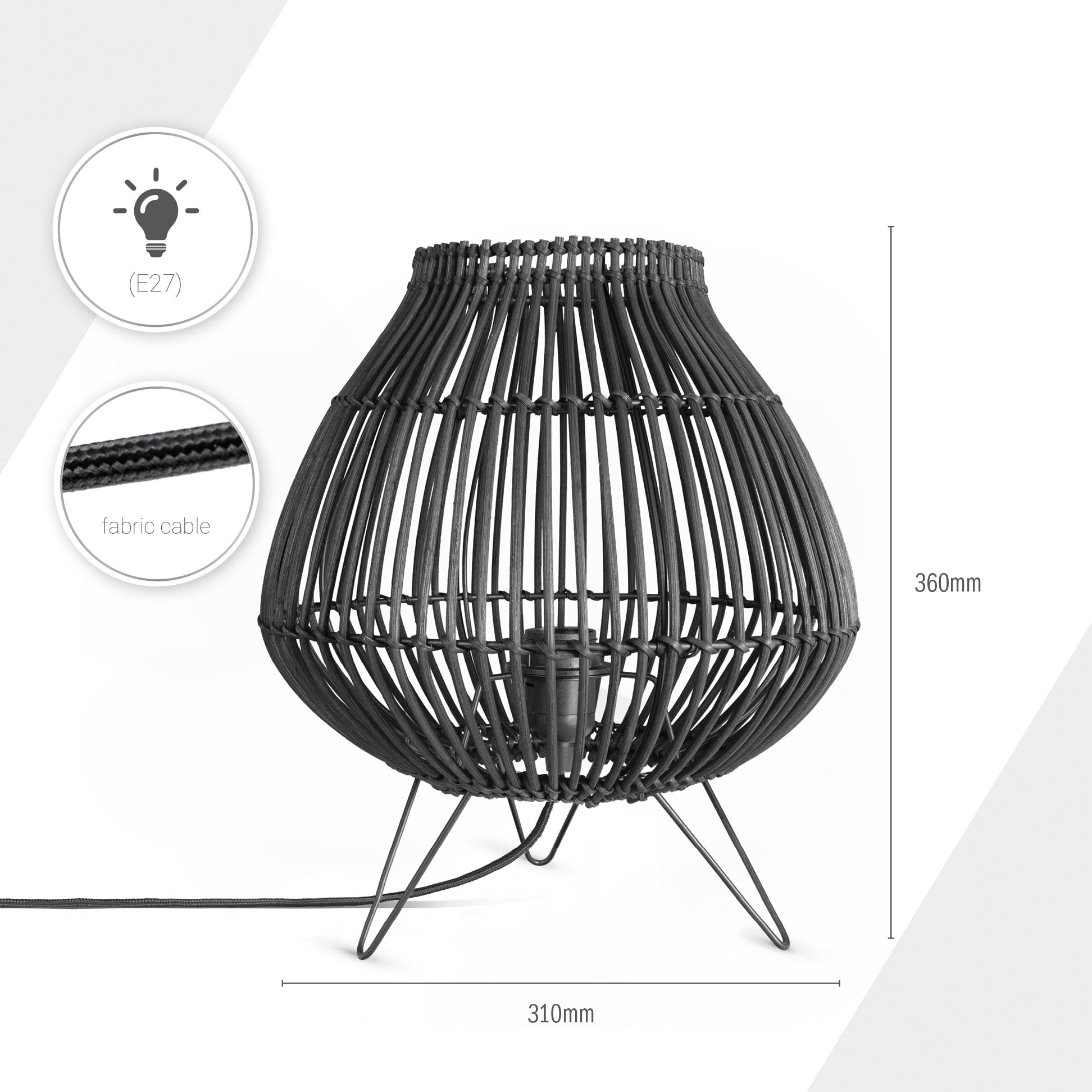 Paco Home Tischleuchte »PURI«, Leuchtmittel E27 | ohne Leuchtmittel, Rattan Korblampe Nacht LED Dreibein Boho E27