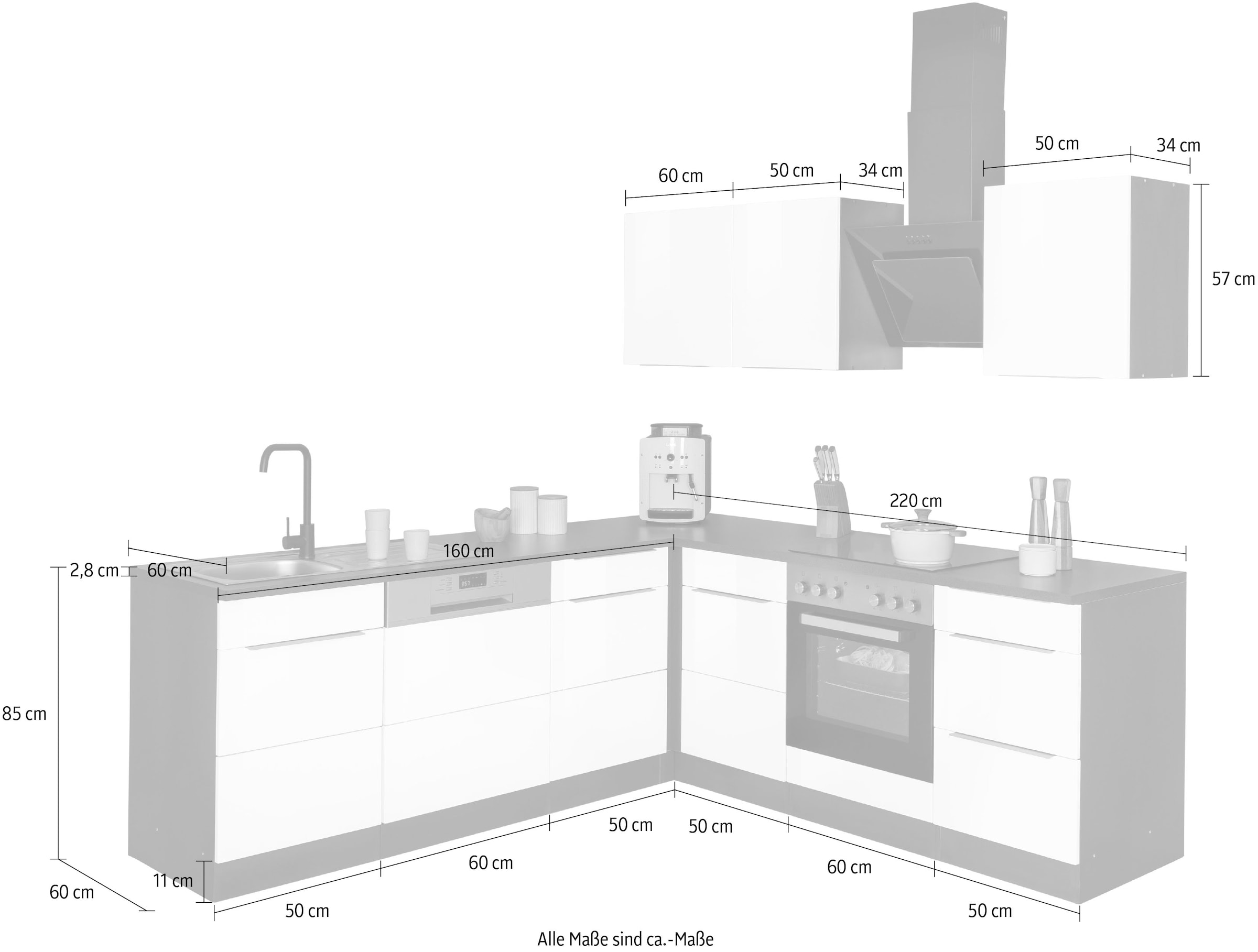 KOCHSTATION Winkelküche »KS-Brindisi«, Stellbreite 220/220 cm, wahlweise mit E-Geräten, mit MDF-Fronten