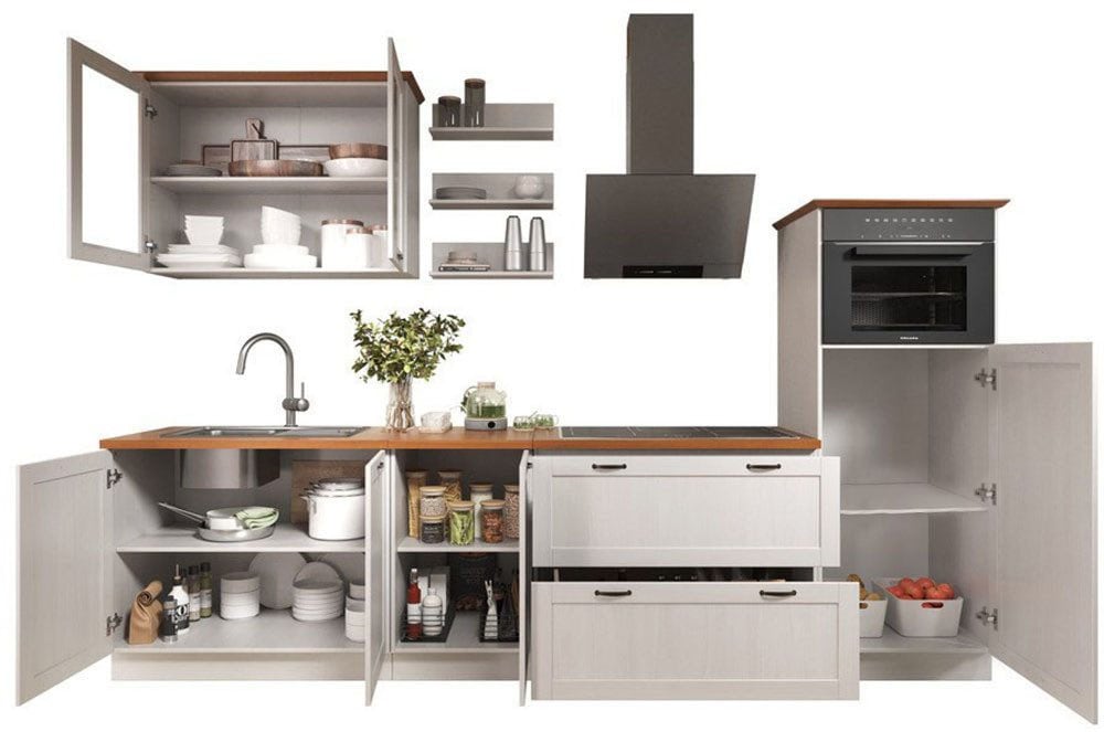 Home affaire Küchenzeile »Teramo« Set, Kombinierbar mit anderen Möbelstücken der Serie Teramo,  Breite 315 cm, Kiefer massiv, mit Arbeitsplatte
