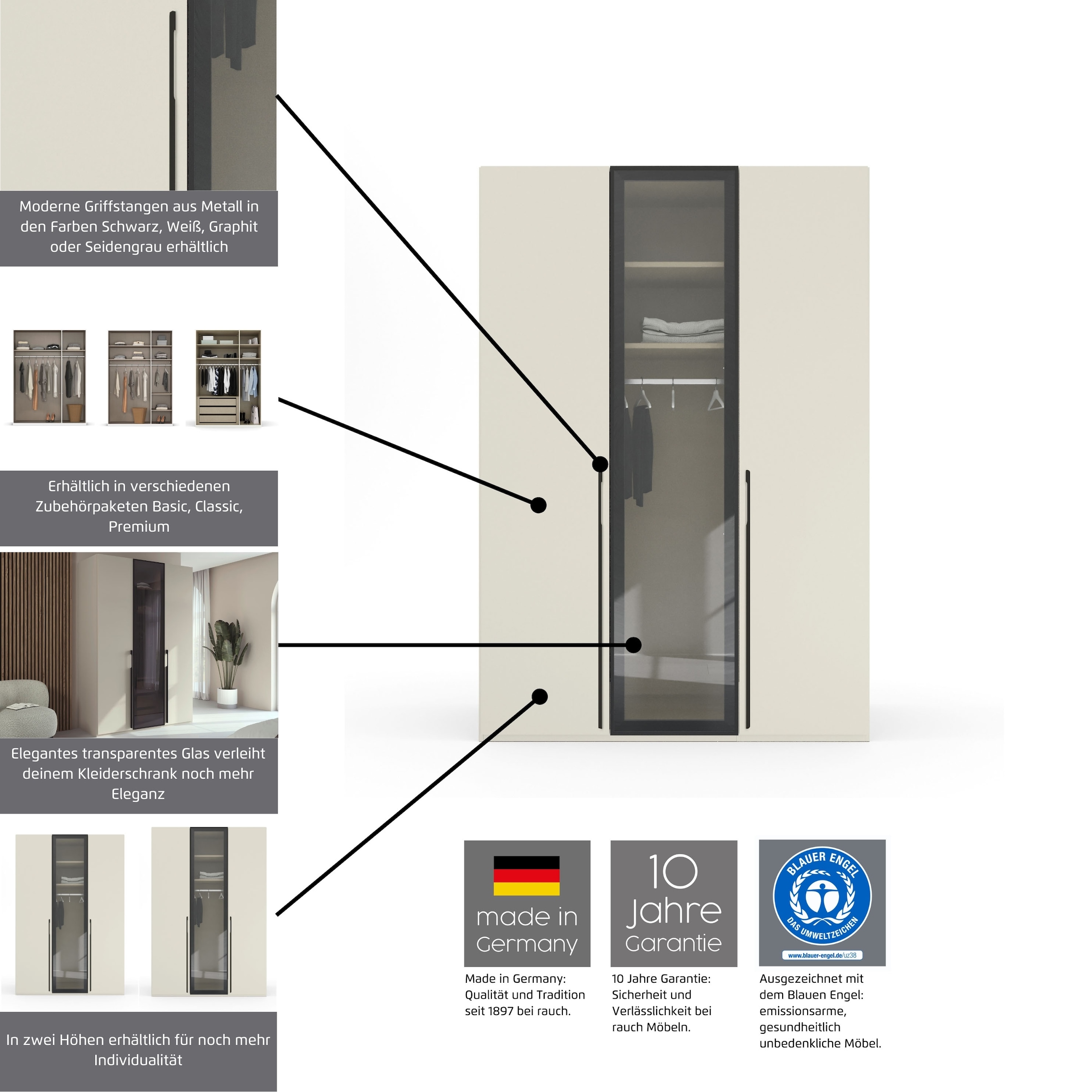 rauch Drehtürenschrank »Schrank Garderobe SKAT SHINE Breiten 151/201/251/301cm, Höhe 223/235cm« 3 verschiedene Ausstattungen BASIC/CLASSIC/PREMIUM (inkl. SOFT-CLOSE),  edle Schrankfront mittig hochwertige Glasrahmentüren MADE IN GERMANY