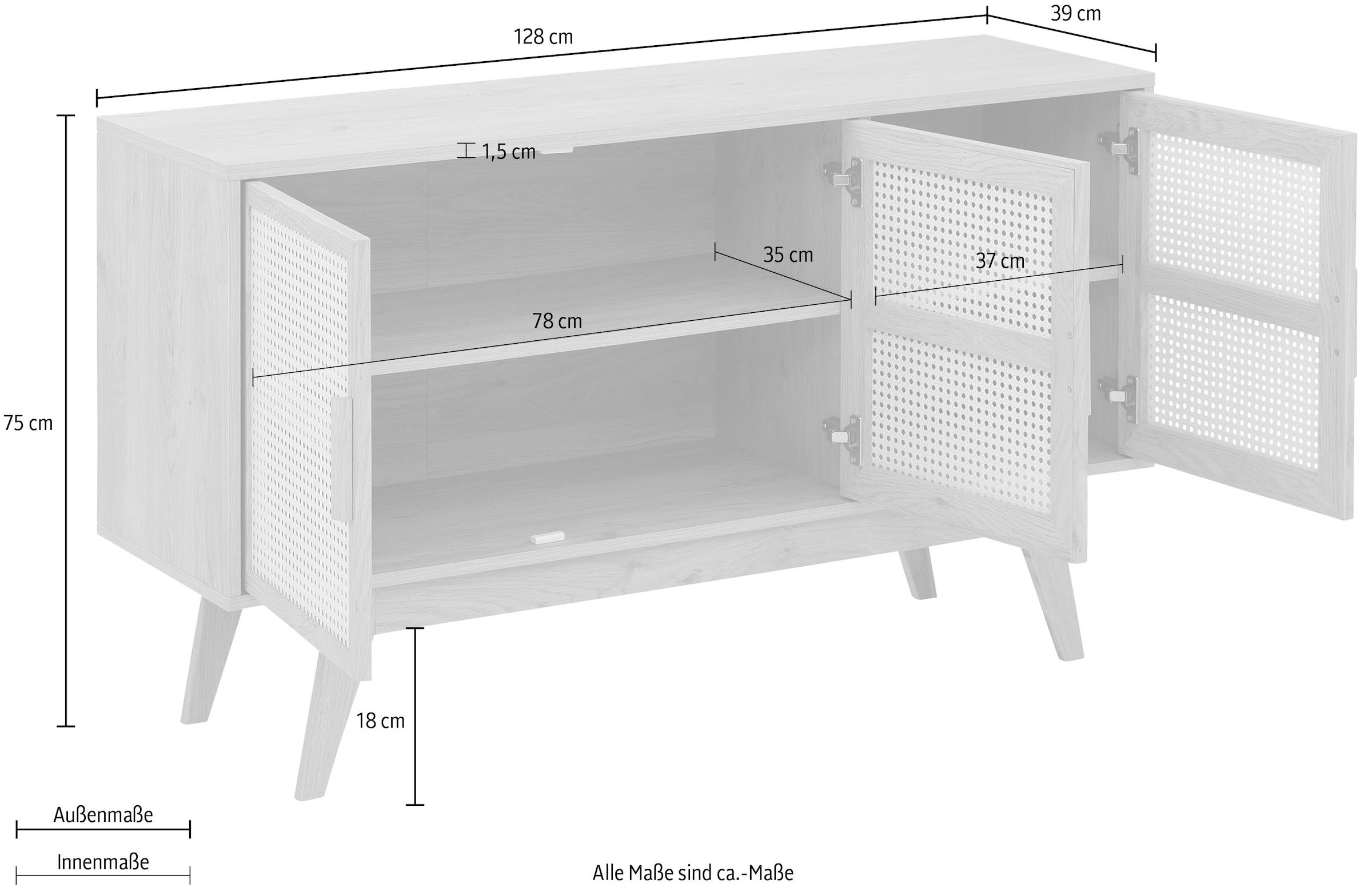 Home affaire Sideboard »Bridget«, Kommode, 2 verstellbare Einlegeböden, Beine aus Holz, Breite 128 cm