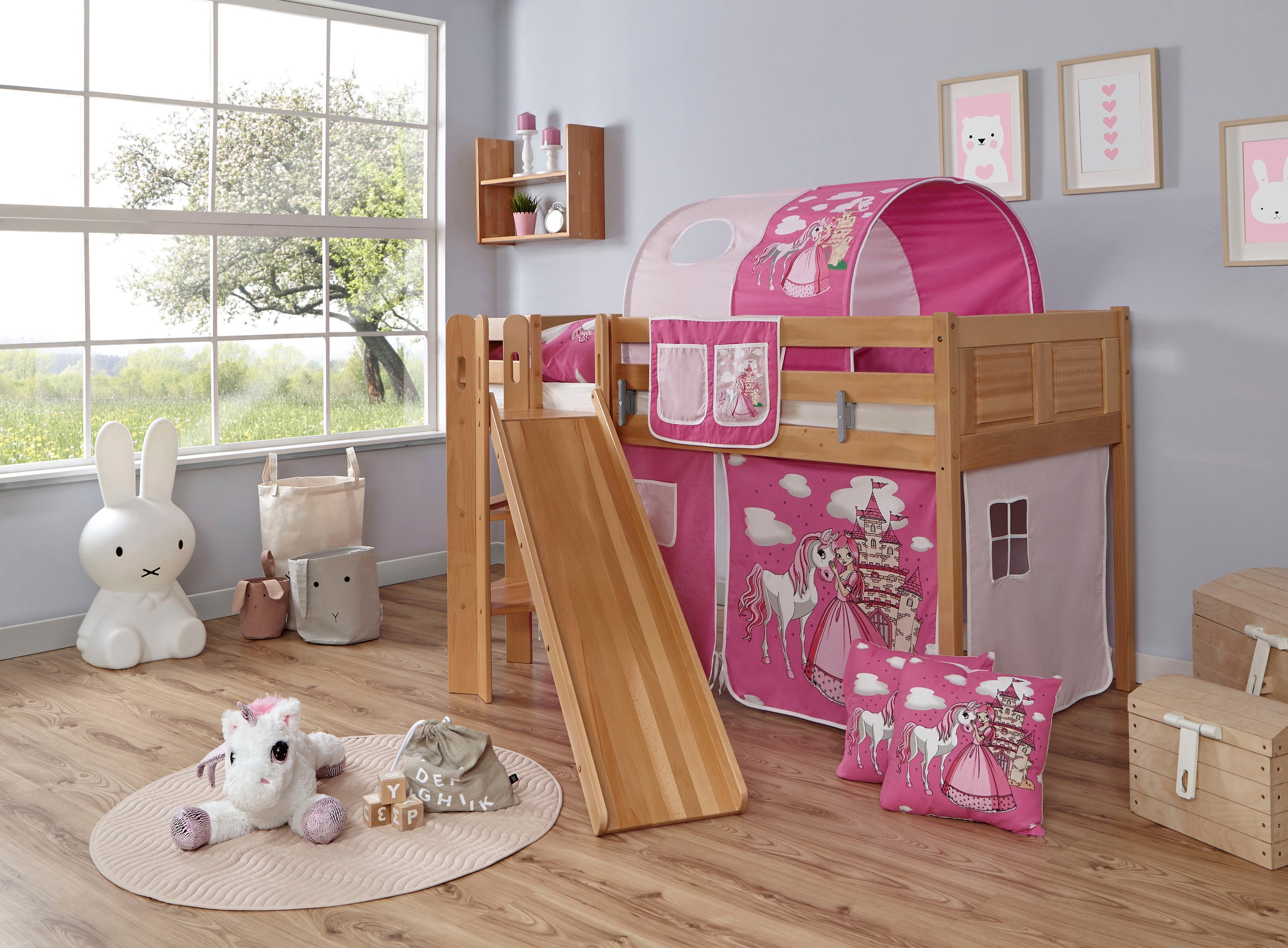 Hochbett TICAA, B:179cm H:113cm L:205cm, beige, Jugendzimmer, Hochbetten, "Ekki", mit Rollrost und Textil-Set wahlweise mit Matratze, Buche