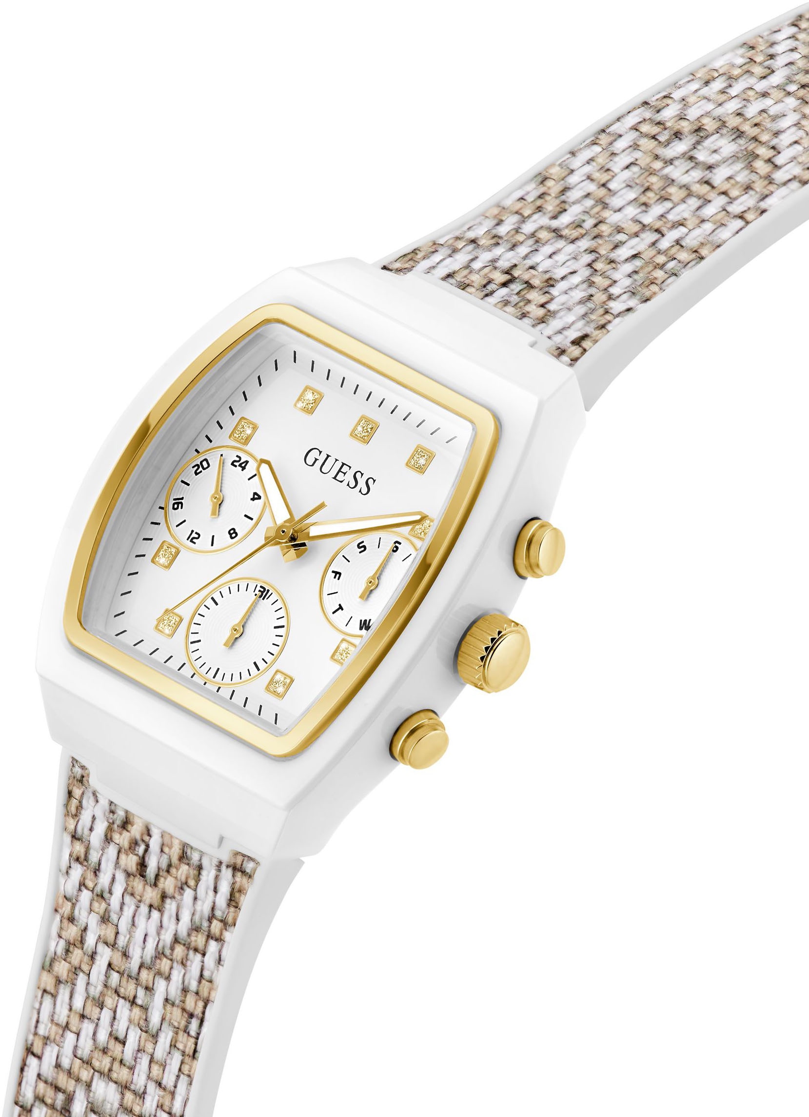 Guess Multifunktionsuhr »RENDEZVOUS«, Quarzuhr, Armbanduhr, Damenuhr, Datum, Wochentag, Nylon/Silikonarmband