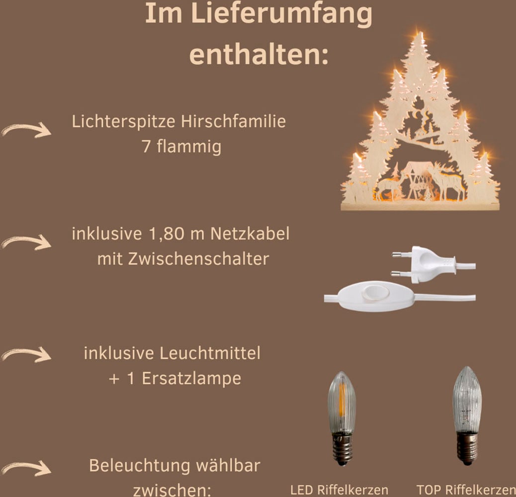 Weigla LED Lichterbogen »Hirschfamilie, Schwibbogen aus Holz, NATUR«, Erzgebirge garantiert, Weihnachtsdeko Innen, Weihnachtsbeleuchtung