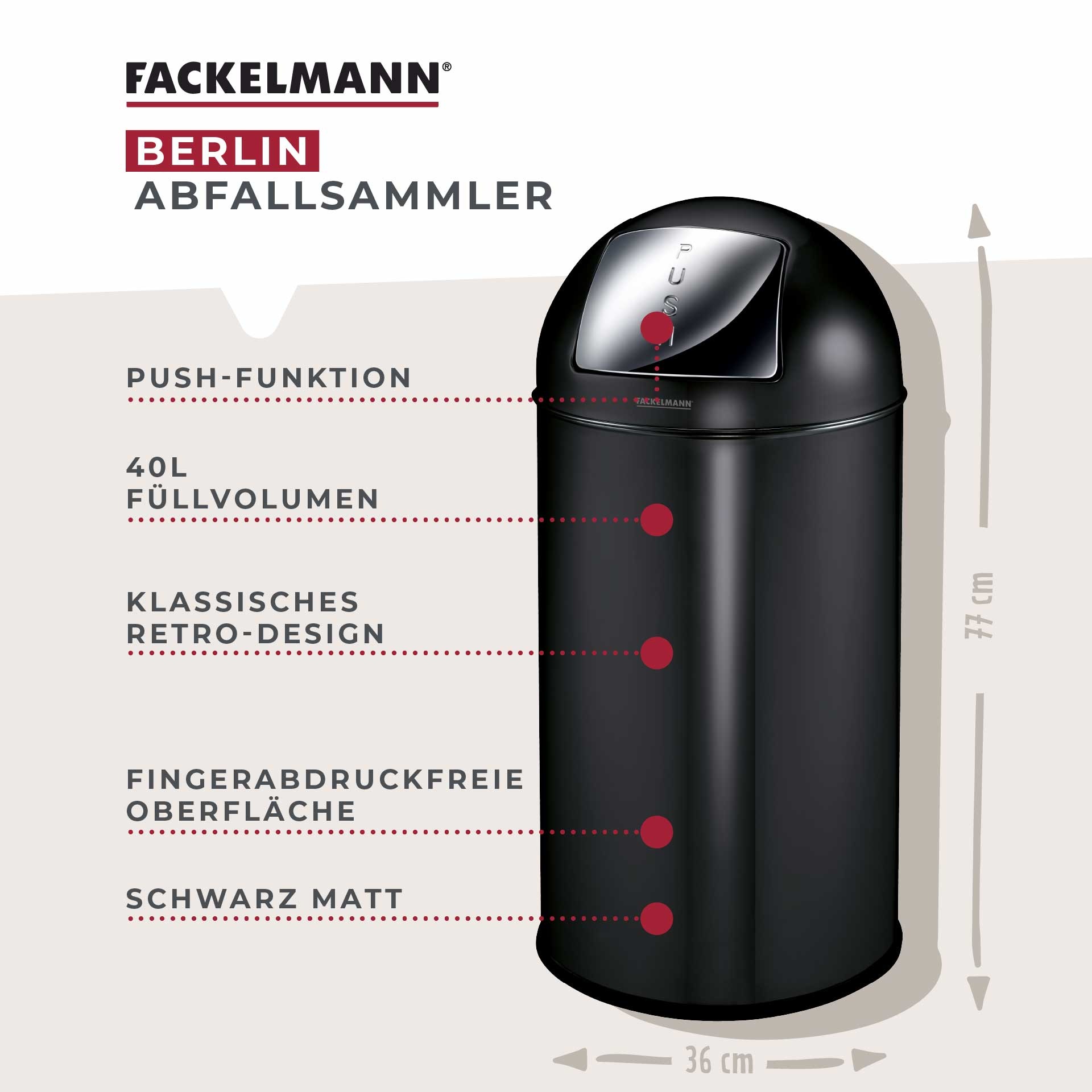 FACKELMANN Mülleimer "BERLIN, Push Abfalleimer 40L" 1 Behälter Retro-Design günstig online kaufen