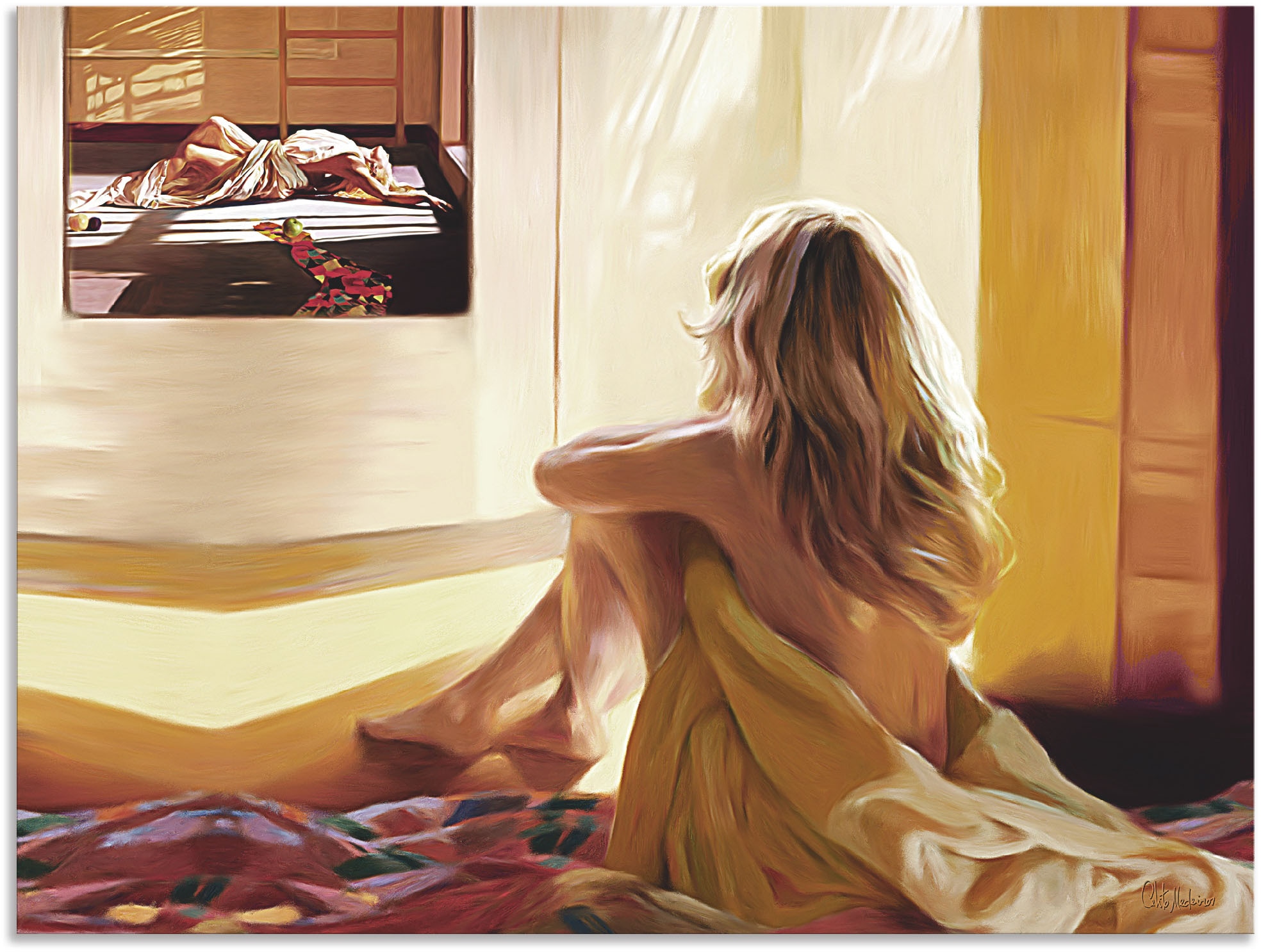 Artland Wandbild »Blondes Mädchen versch. Bilder auf Wandaufkleber dem sitzt St.), Leinwandbild, Frauen, als BAUR Größen Alubild, Bett«, oder Poster | von (1 in kaufen