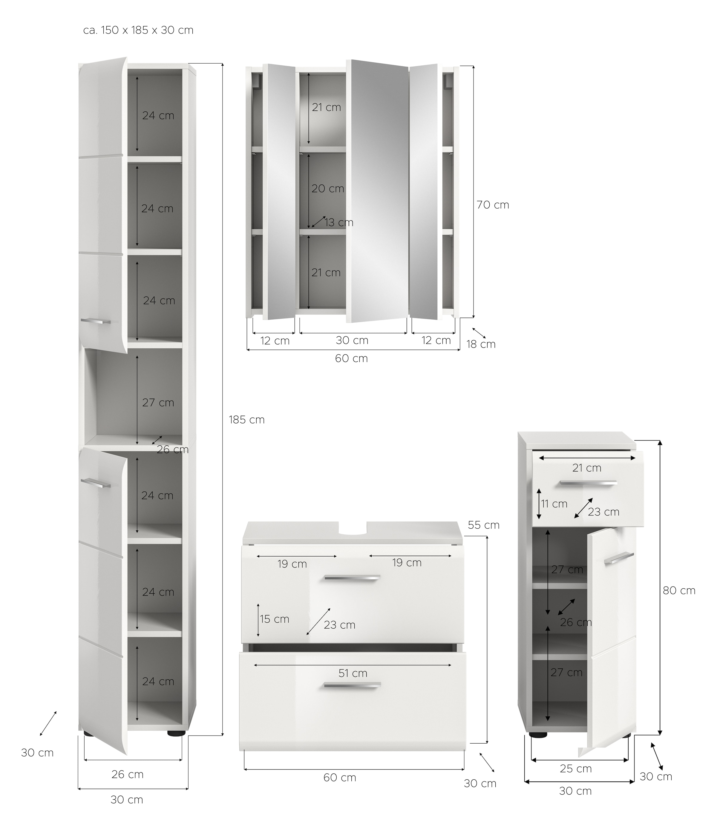 INOSIGN Badezimmer-Set, (Set, 4 St.), Florenz, Badkombination 4-tlg., Weiß hochglanz tiefzieh, Hochschrank