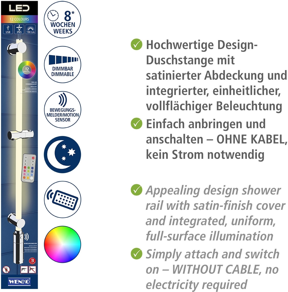 WENKO Duschstange »Brausestange mit LED Beleuchtung«, RGB-Farbwechsel und Warmweiß, inkl. wiederaufladbarer Einheit