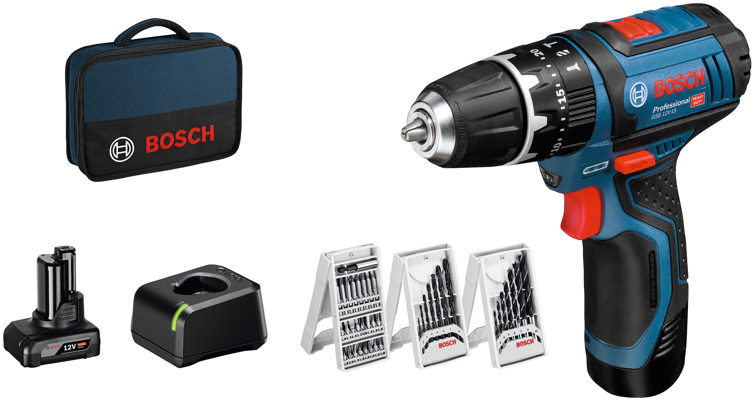 Bosch Professional Akku-Schlagbohrschrauber »GSB 12V-15«, (Set), inkl. 2 Akkus, Ladegerät und Zubehör