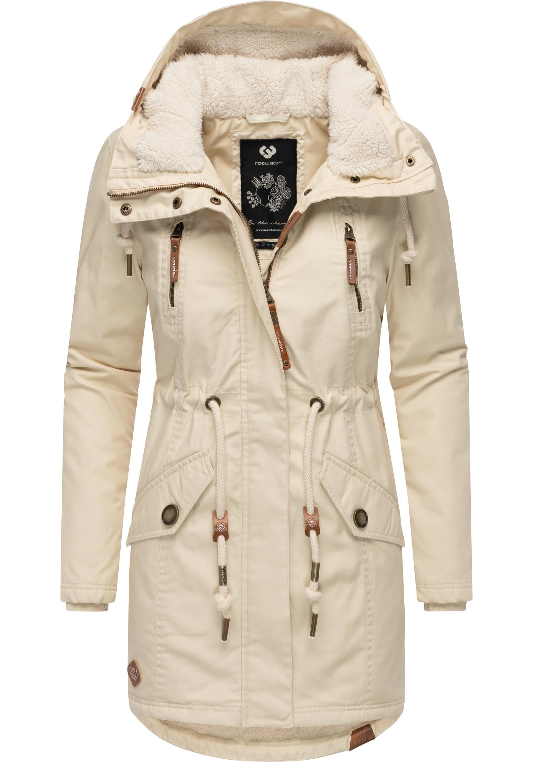 Wintermantel RAGWEAR "Elsie", Damen, Gr. XL (42), beige, Außenmaterial: 65% Polyester, 35% Baumwolle; Innenfutter: 100% Polyester; Wattierung: 100% Polyester, tailliert ca. Mitte Oberschenkel, Ärmel ohne Ärmelschlitz Rippstrickbündchen mit Daumenlöchern,  3