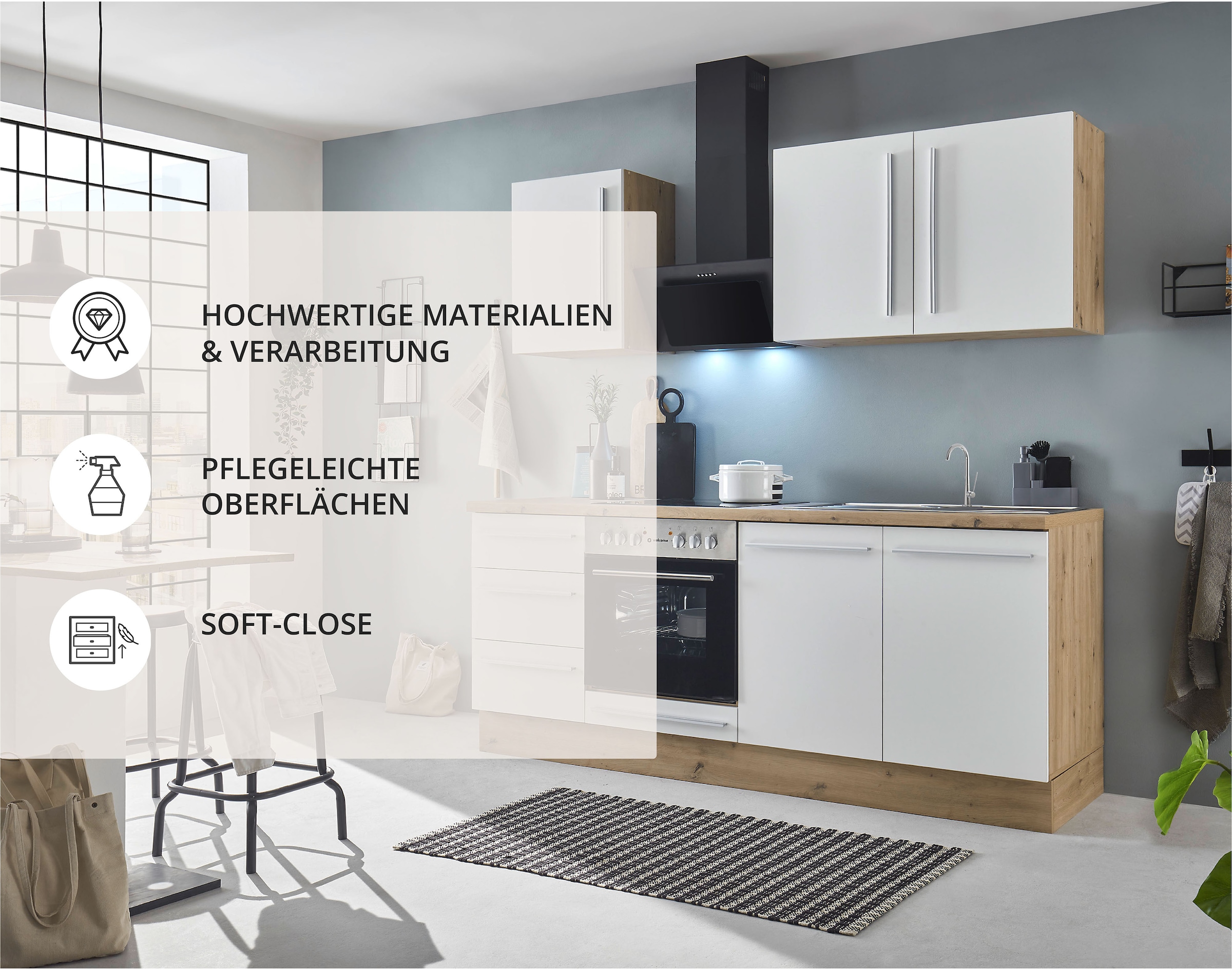 KOCHSTATION Küchenzeile »KS-Florida mit 38mm starker Arbeitsplatte«, Breite 210 cm, wahlweise mit E-Geräten, Soft-Close-Funktion