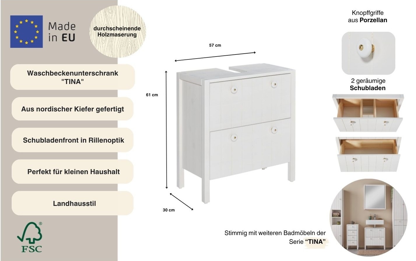 Thumbnail - Home affaire Waschbeckenunterschrank "Tina" Badmöbel, Schrank, Breite 60 cm, Massivholz