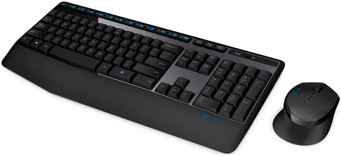 Logitech Wireless-Tastatur »MK345« (Anpassbare Höhe | Antirutsch-Füße | Fn-Tasten | Handgelenkauflage | Lautstärkeregler | Makro-Tasten | Multimedia-Tasten | USB-Anschluss | Ziffernblock)