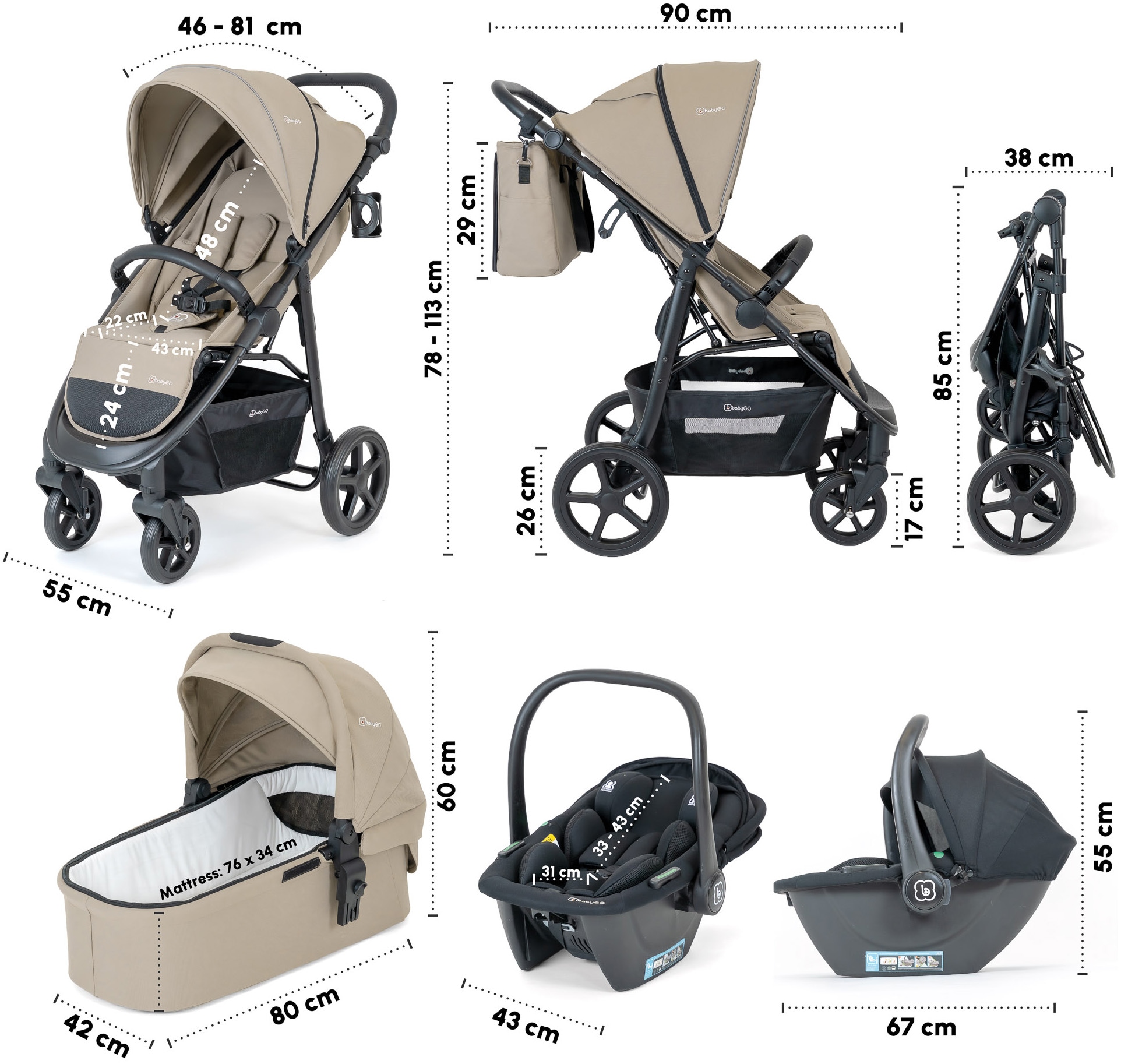 BabyGo Kombi-Kinderwagen »Evolution« 22 kg mit Babywanne, Babyschale, Wickeltasche und Sportsitz