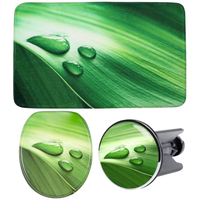 Sanilo Badaccessoire-Set »Green Leaf«, (Komplett-Set, 3 tlg.), bestehend  aus WC-Sitz, Badteppich und Waschbeckenstöpsel kaufen | BAUR