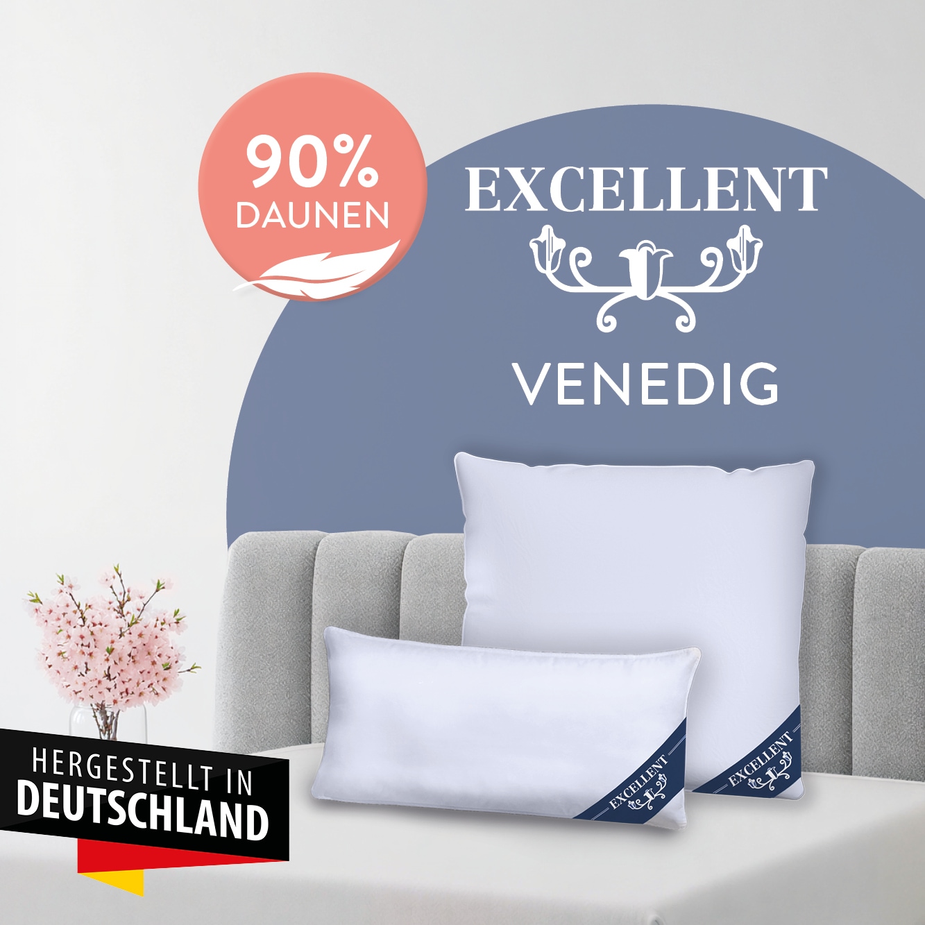 Excellent "Venedig, Kissen 1-tlg. oder 2-tlg. hergestellt in Deutschland" Füllung: 90% Daunen (Außenkammer) 1 Stk. tlg. Kopfkissen in 40x80 und 80x80, Hohenstein Institute ausgezeichnet