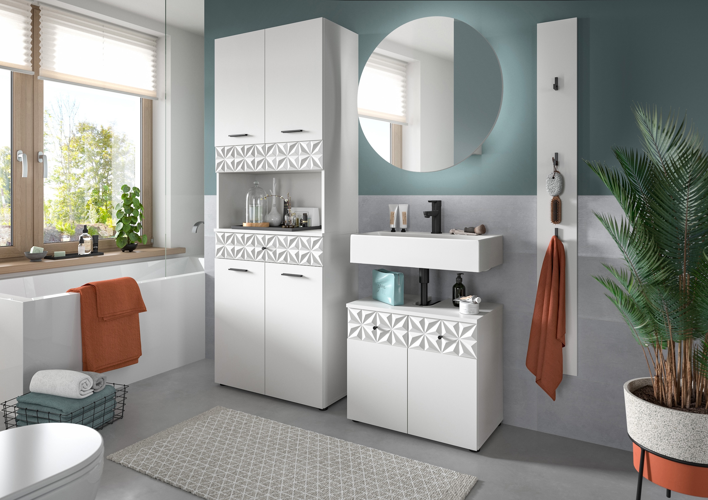 INOSIGN Hochschrank »VICENZA, TOPSELLER!, Höhe 187cm, mit Schubkasten & Ornamentabsetzung«, Mehrzweckschrank, Universalschrank, Badschrank, Badhochschrank