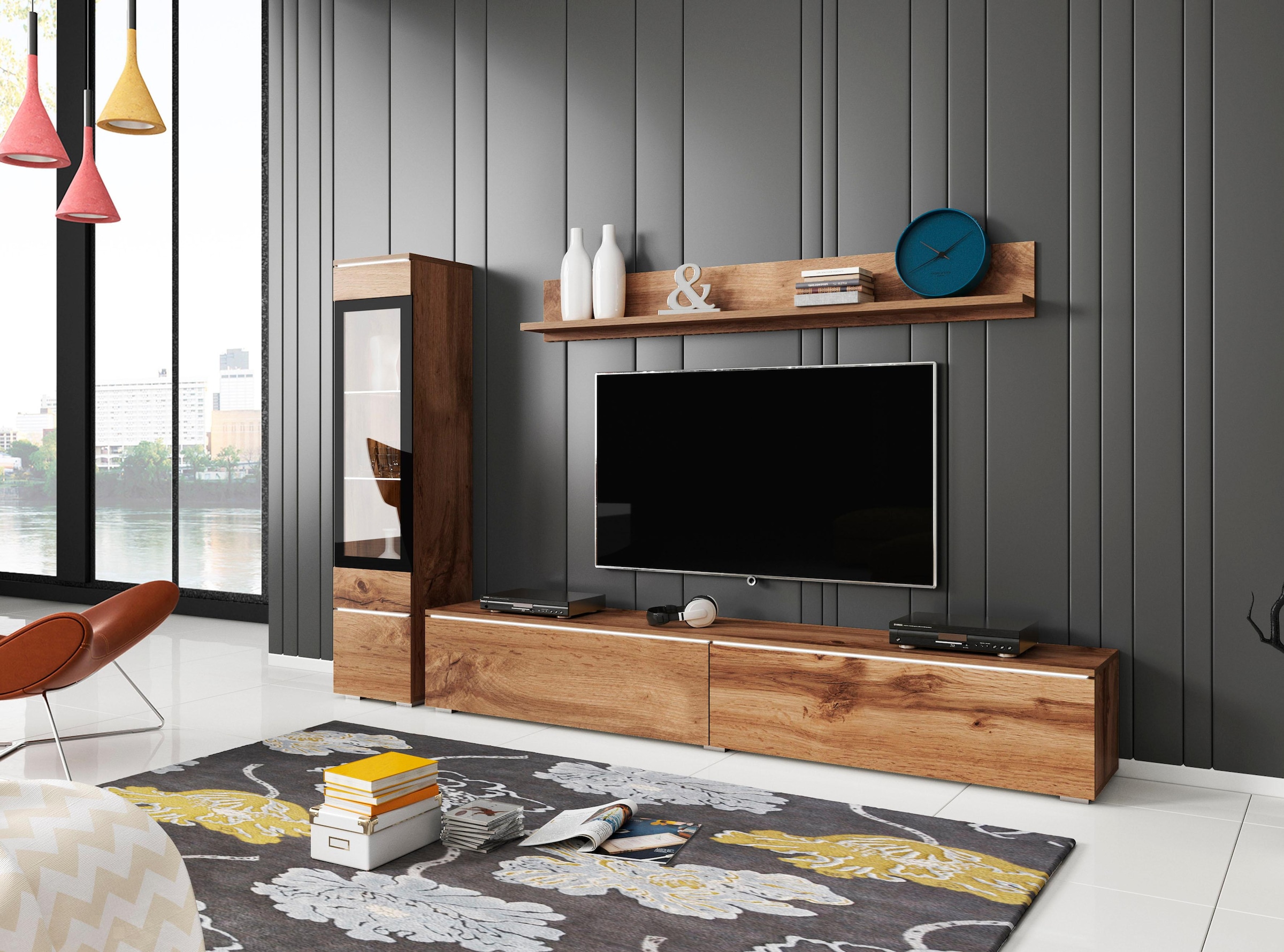 INOSIGN Wohnwand »VERA I, Vitrinen Türanschlag links/rechts wechselbar«, (Komplett-Set, 3 St.), Mediawand 230 cm, Vitrine mit Verglasung, stehend und hängend