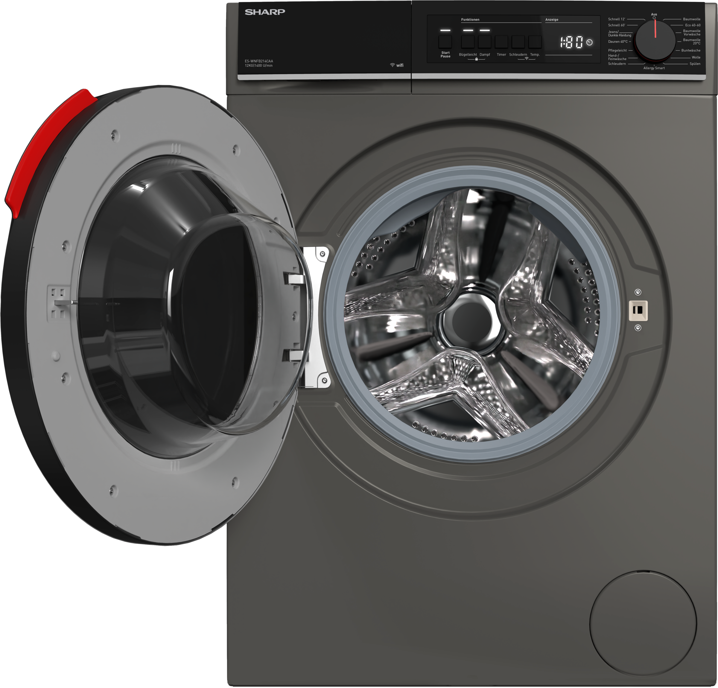 Sharp Waschmaschine »ES-WNFB214CAA-DE« 12 kg 1400 U/min 12kg / +WIFI / A-20% / black Doorring+knob / Steam / Espresso Grey