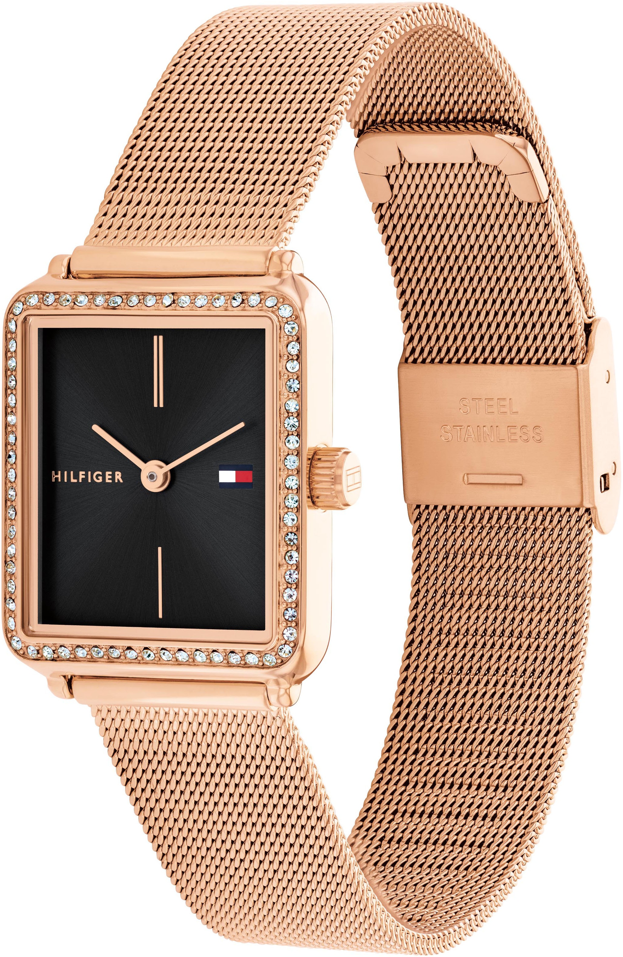 Tommy Hilfiger Quarzuhr »Tea Tank«, Armbanduhr, Damenuhr, Edelstahlarmband, analog, Glassteine
