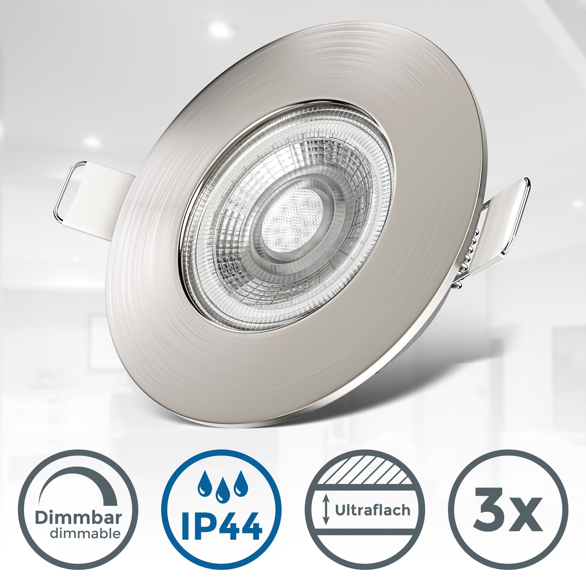 B.K.Licht ultraflache LED Bad-Einbauleuchte, 3er-Set, Schutzart IP44,  stufenlos dimmbar, Ø 9,0 cm, inkl. LED Leuchtmittel