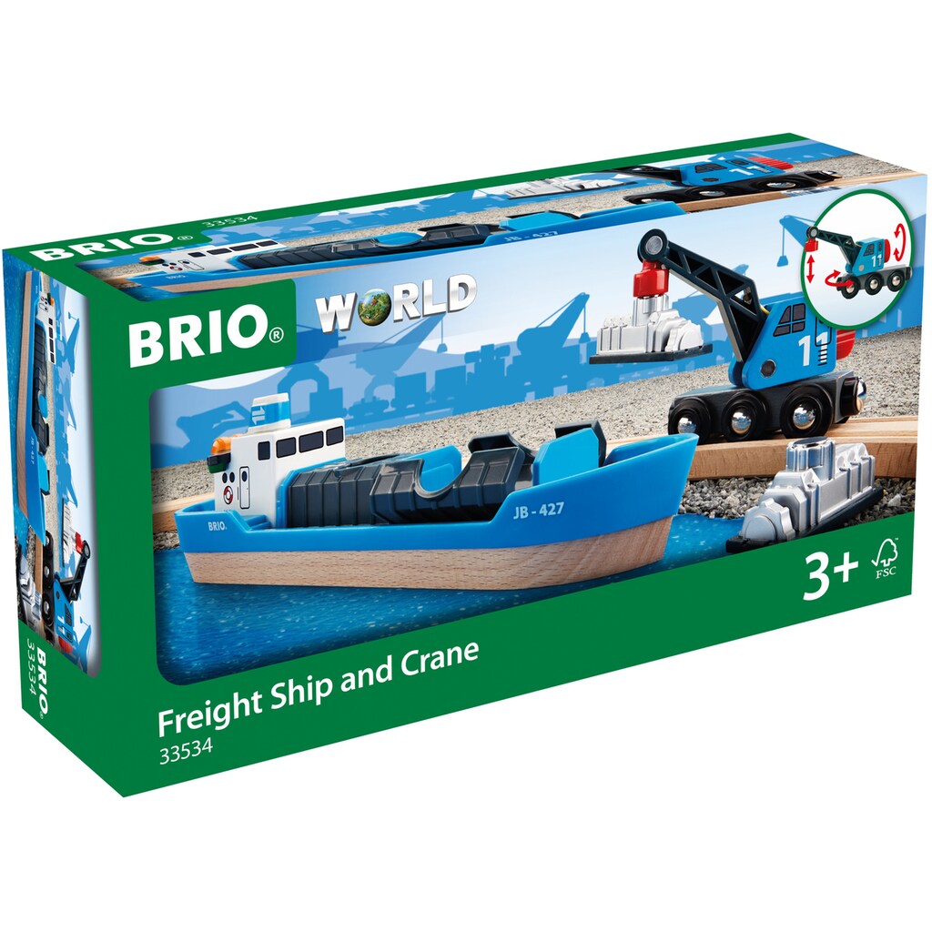 BRIO® Spielzeugeisenbahn-Erweiterung »BRIO® WORLD, Containerschiff mit Kranwagen«