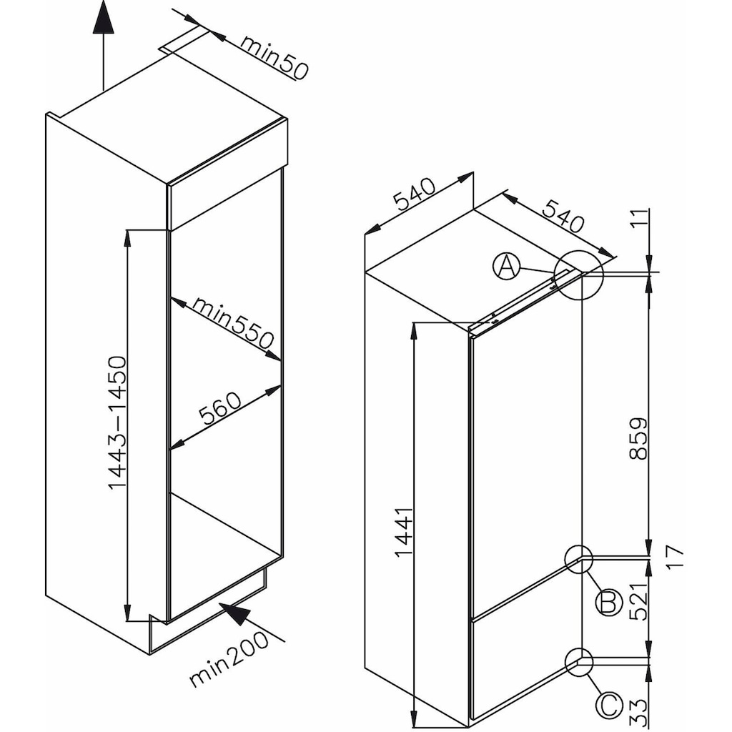 Amica Einbaukühlgefrierkombination, EKGC 16156, 144 cm hoch, 54,5 cm breit