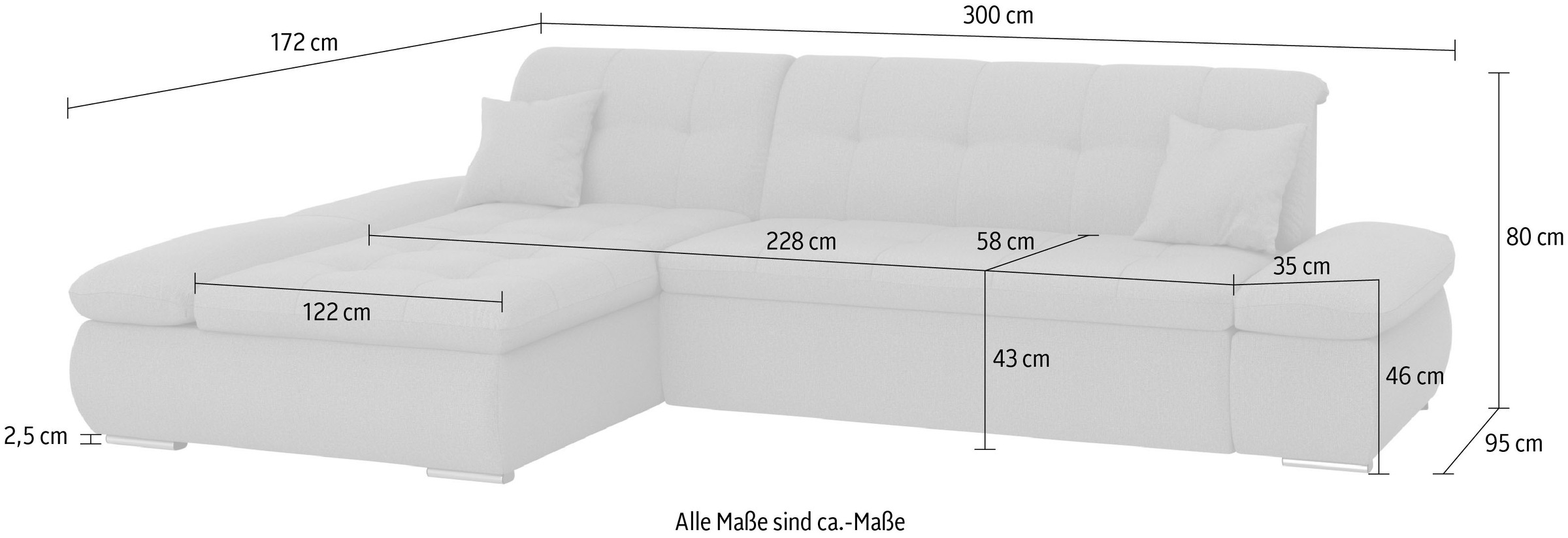 DOMO collection Ecksofa »Moric, L-Form, XXL-Sofa - Breite 300cm«, wahlweise mit Bettfunktion und Armteilverstellung, Cord