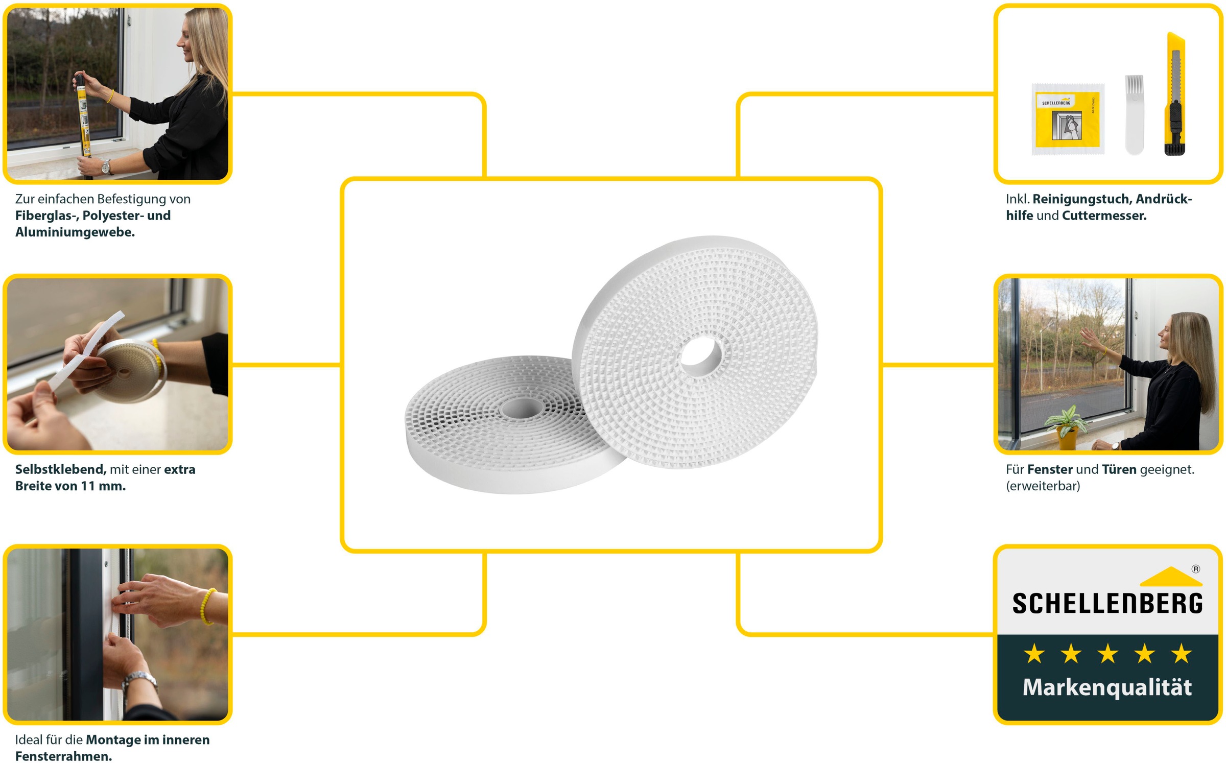SCHELLENBERG Klett-Klebeband »Plus für Fliegengitter Fenster aus Polyester-, Fibergas- und Alugewebe«, Befestigungsband 5,6 m, individuell zuschneidbar, inkl. Montagezubehör