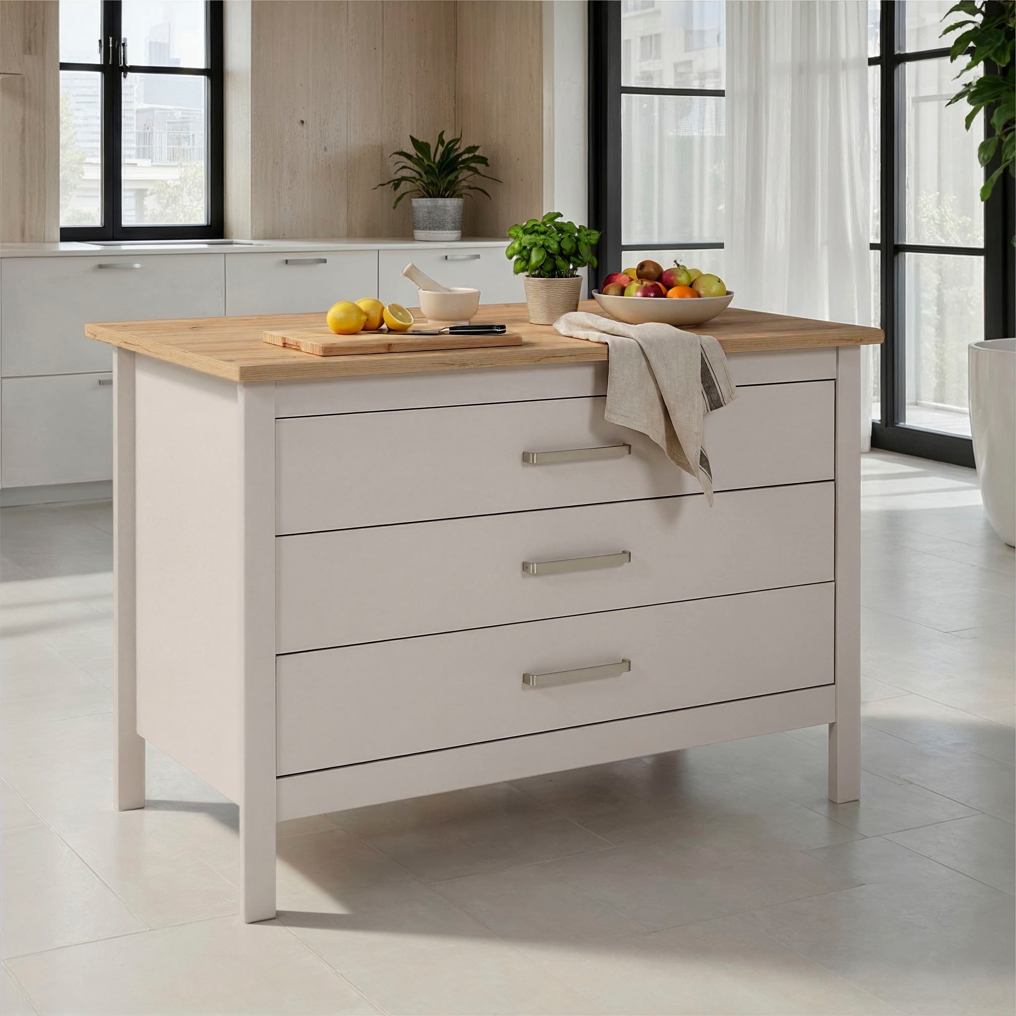 Inter Link Bartisch »Pienza, multifunktional für Küche & Essbereich, Kaschmir, Skandi Look« 1 Stk. tlg. Kücheninsel mit Soft-Close, Platz für 2 Hocker, 124x75x91 cm