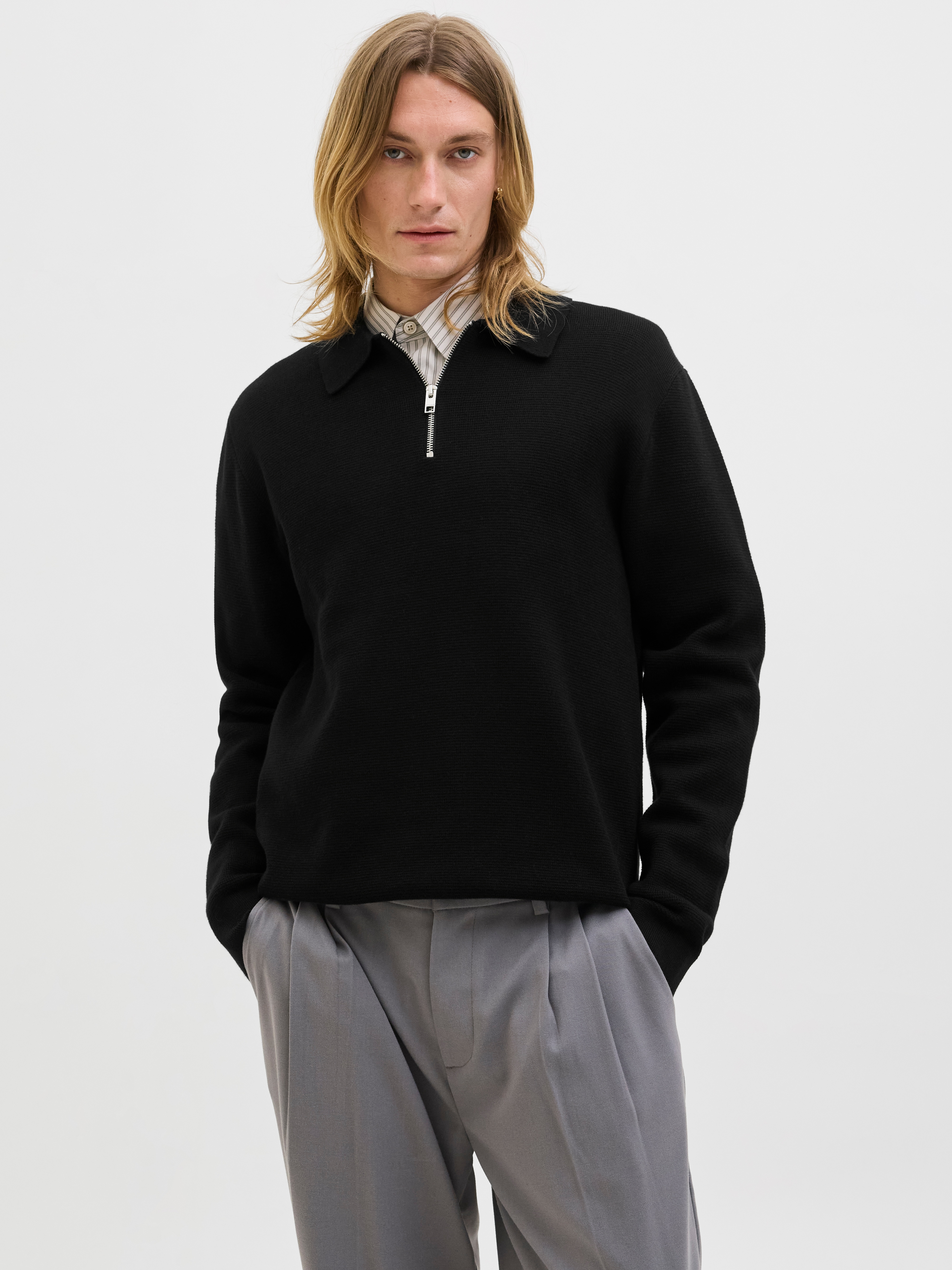 Jack & Jones Polokragenpullover "JPRBLAMILANO STITCH KNIT ZIP POLO SN" Baumwolle, locker geschnitten