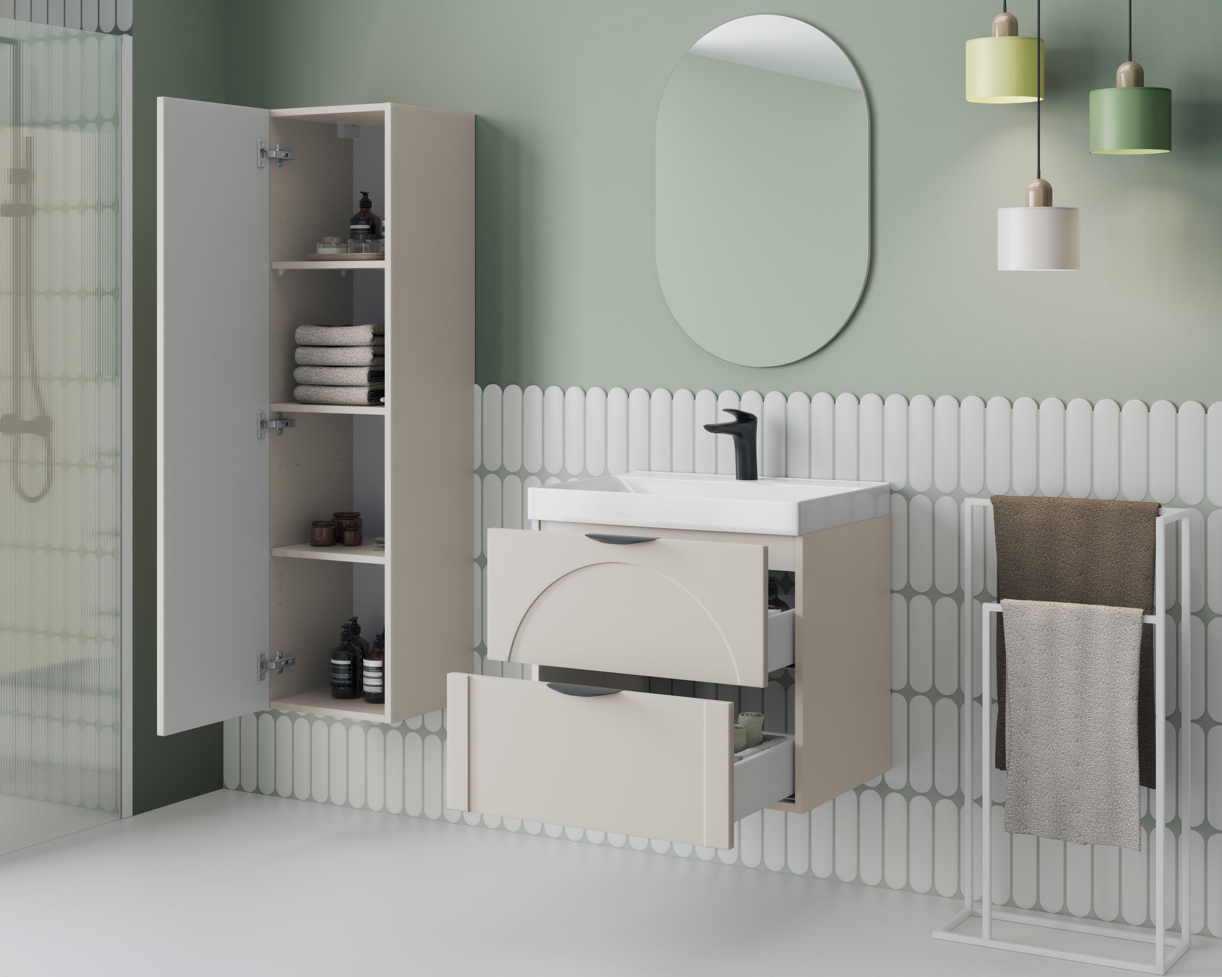 welltime Waschtisch »FLOW CIRCLE mit Waschbecken, Breite 60 oder 80cm, modernes Design« Schrank mit 2 Schubladen, Soft-Close-Function, in 2 Breiten erhältlich