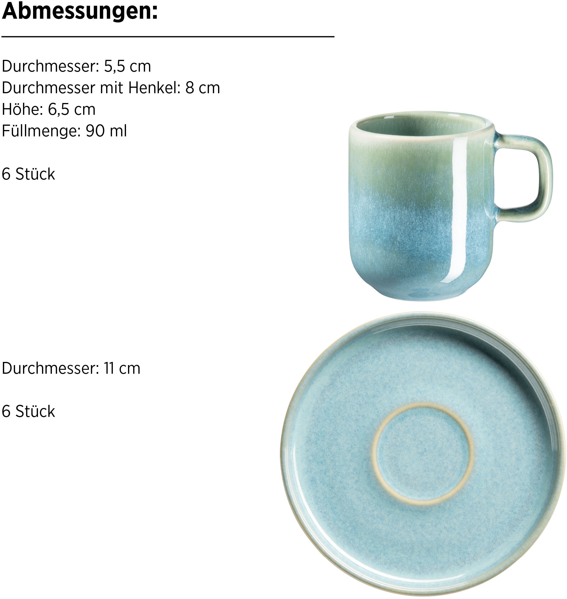 MÄSER Espressotasse »Cordelia, Espressotassen Set, aus Steinzeug«, (Set, 12 tlg.), 12er Set, bestehend aus 6 Tassen und 6 Untertassen