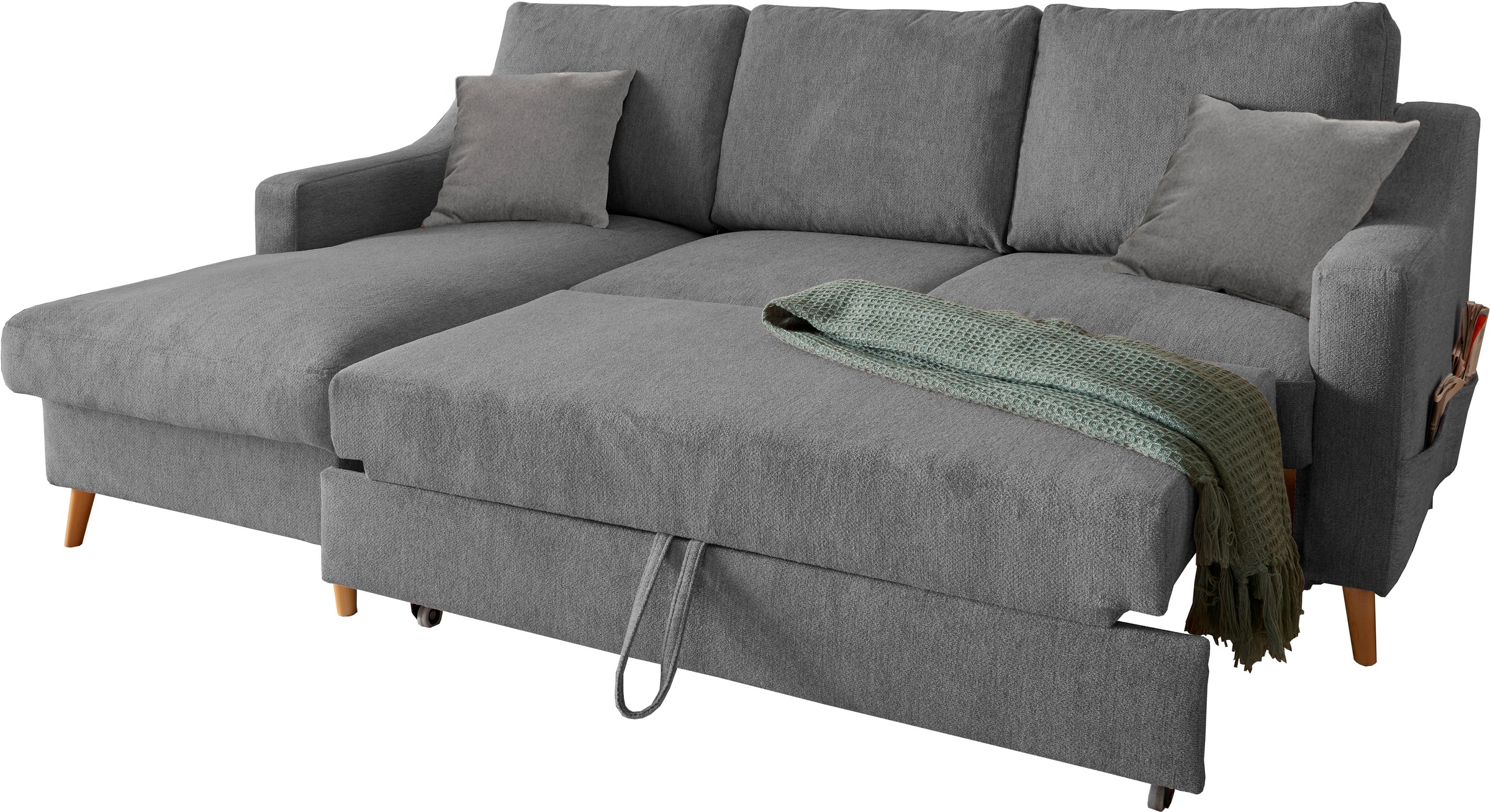 INOSIGN Ecksofa »Valentina L-Form«, 2 Zierkissen, mit Seitentasche, ausziehbarer Liegefläche, Bettkasten