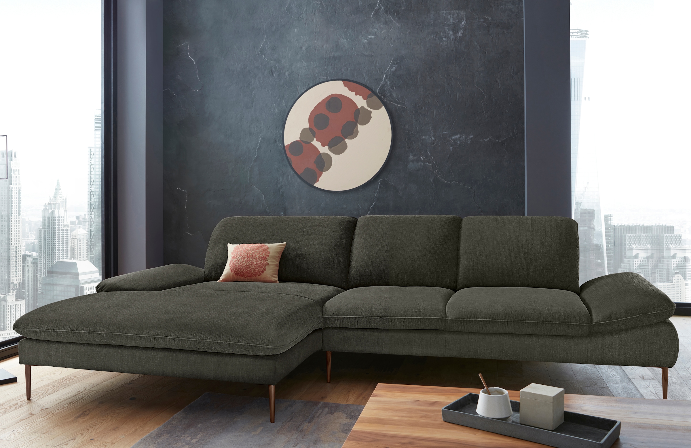 Ecksofa W.SCHILLIG "enjoy&MORE, Designsofa, bequem, elegant und zeitlos, L-Form", grün (hunter r66), B:340cm H:87cm T:185cm, Chenille-Flachgewebe R66 (85% Polyester, 15% Nylon);Longlife Xtra-Leder Z59: Glattleder mit modischer Prägung. Hautstärke 0, 9 - 1