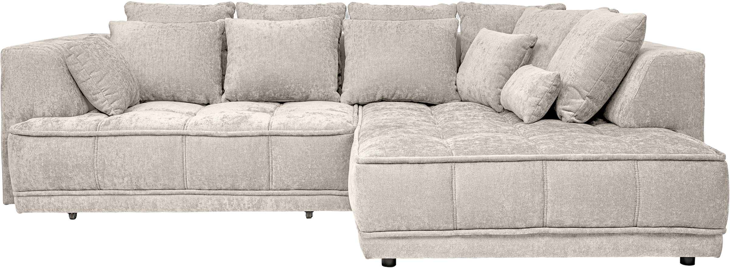 WERK2 Ecksofa »Tiga, Komfortsofa mit elekt. Auszugsfunktion, bequem, L-Form« Pure Wohlfühlgarantie: Ausziehbare Sitztiefe, XXL-Ottomane & Kissen.