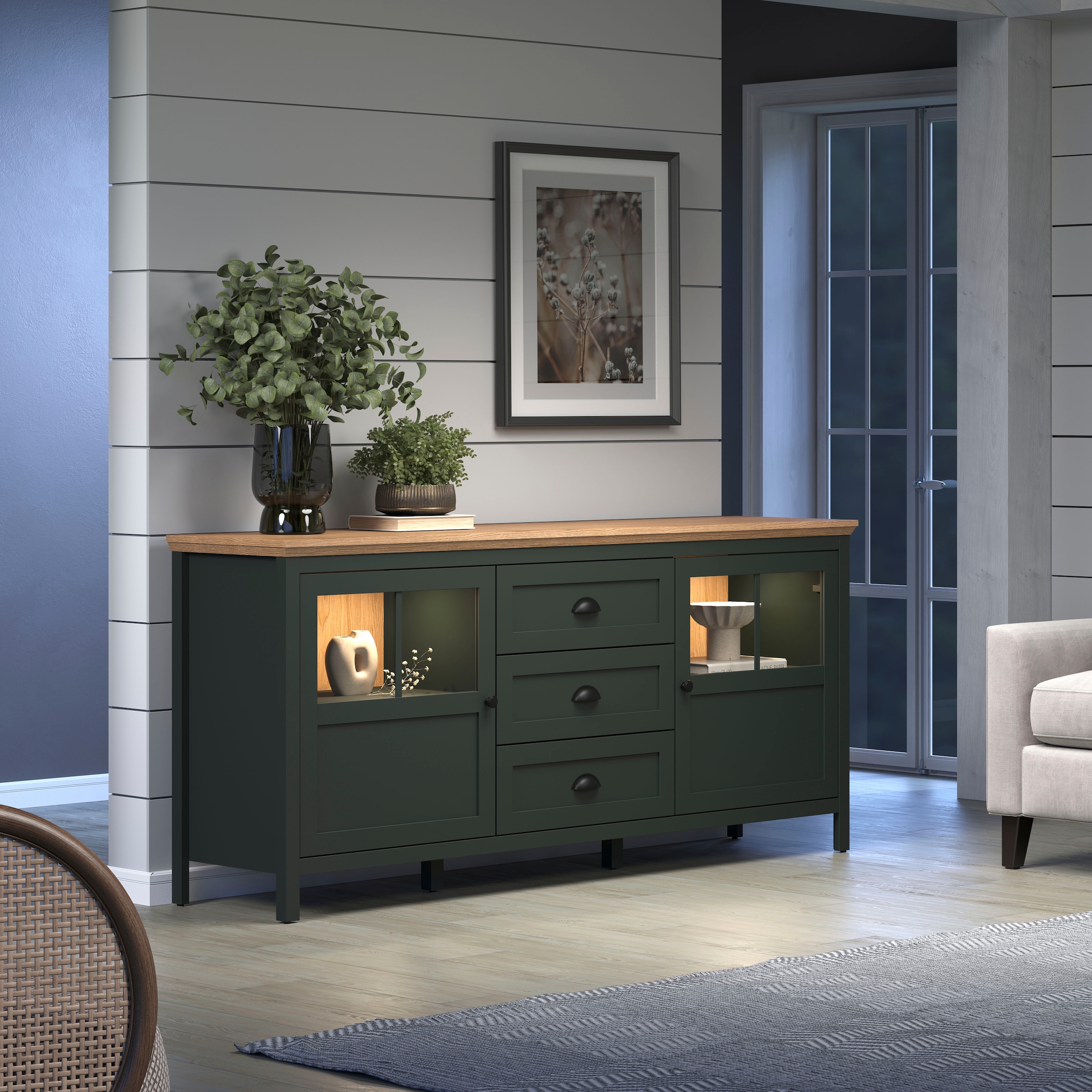 Home affaire Sideboard »Vienna«, Kommode im Landhausstil mit Muschelgriffen und Glastüren