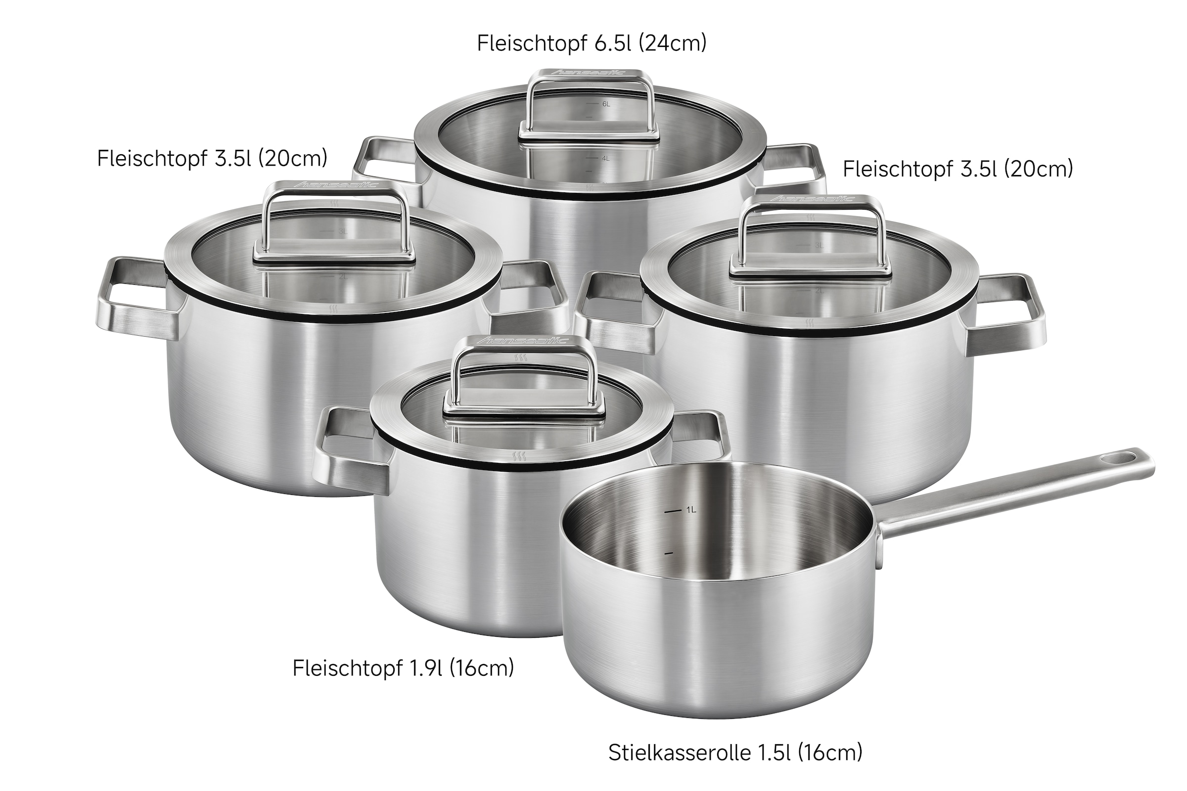 Hanseatic Topf-Set »PREMIUM«, Edelstahl, (Set, 9 tlg., Kochtopf 1x 16 cm / 2x 20 cm / 1x 24 cm, Stielkasserolle 16 cm), handfreundliche Griffe, Literskala, Glasdeckel, Induktion