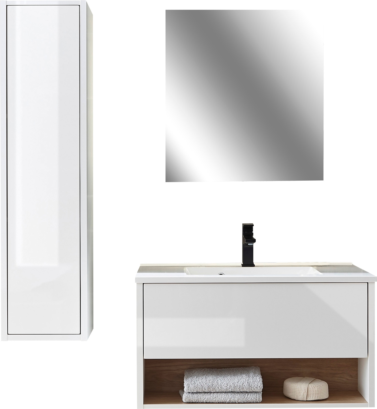 Places of Style Badmöbel-Set »Studio Line, Bad im modernen Design, 3-teiliges Badezimmer«, (3 St.), Schrank, Waschtisch und Spiegel, in zwei Farben verfügbar, Stauraum