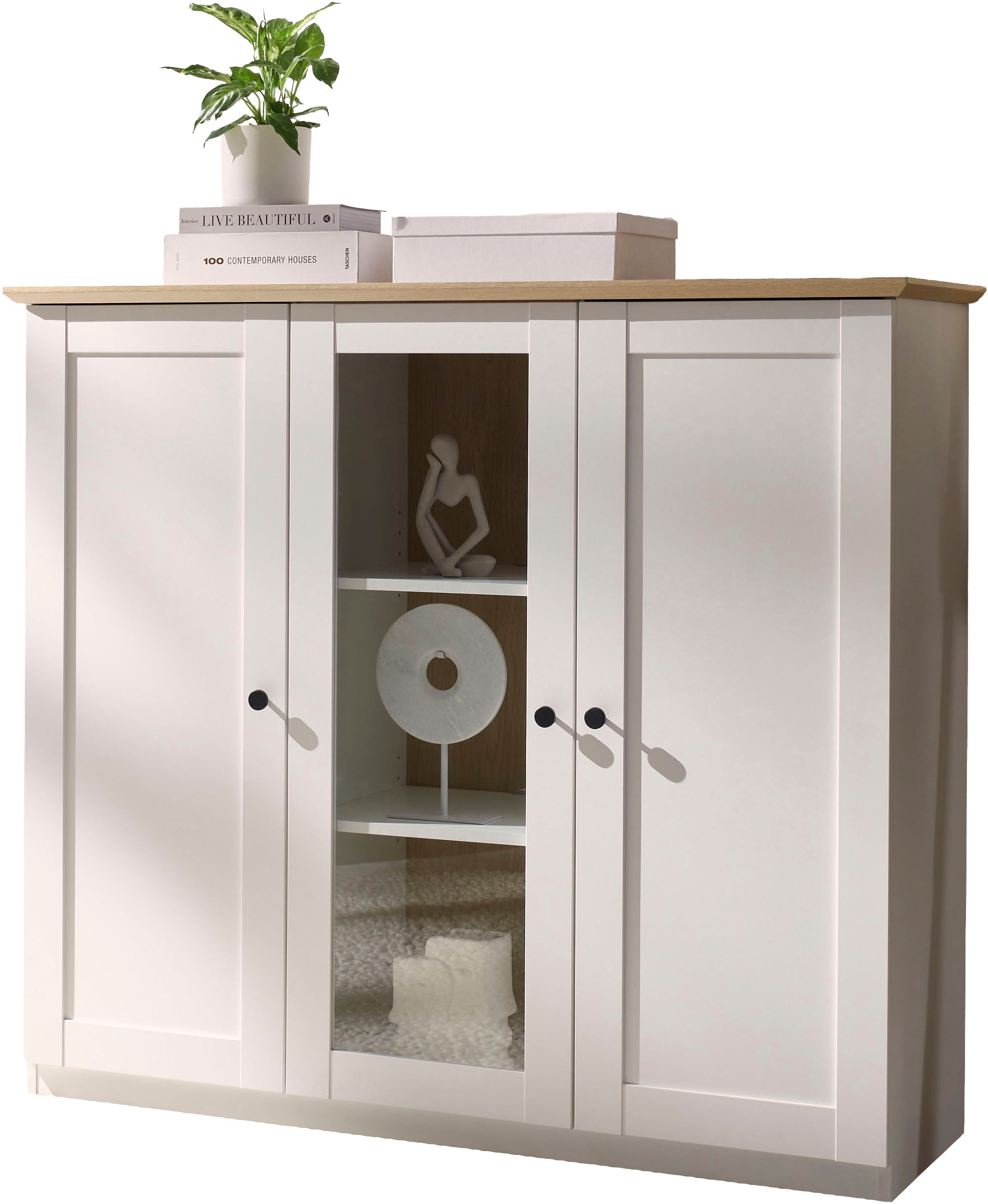 OTTO home Highboard »Brest, Schrank im Landhausstil, Sideboard, zeitloses Stauraumelement« schwarze Metallgriffe, ausreichend Stauraum, Glastür, 139 cm breit