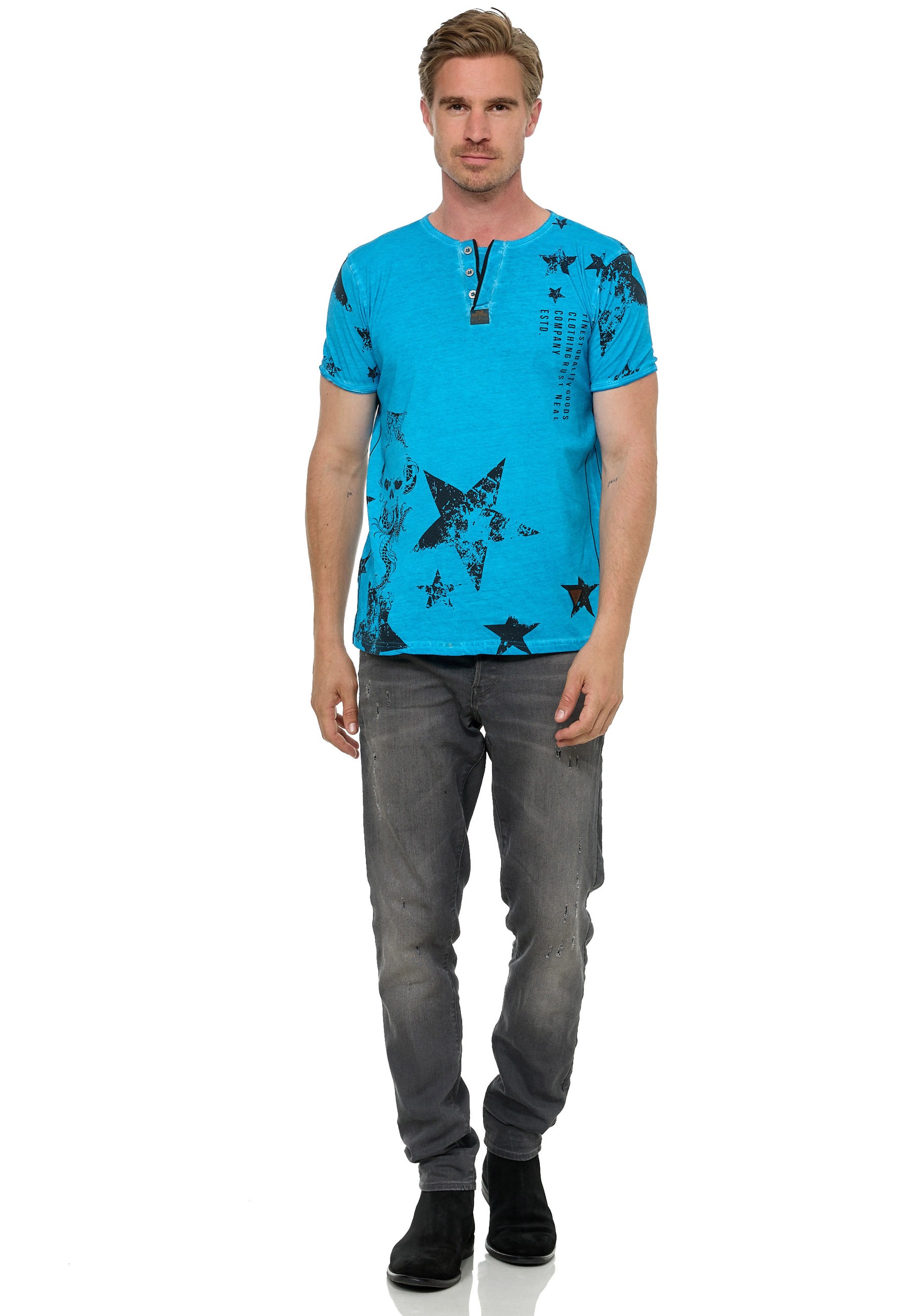 Rusty Neal T-Shirt, mit Skull-Print und Knopleiste