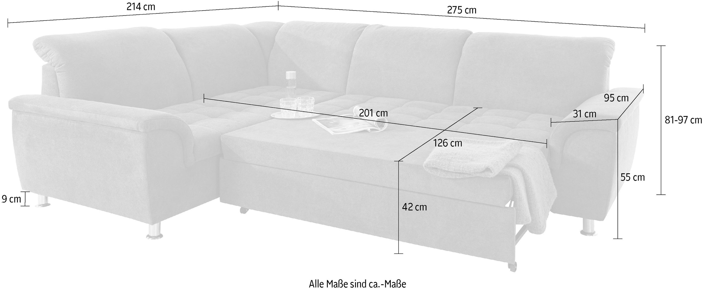 DOMO collection Ecksofa »Franzi L-Form«, wahlweise mit Kopfteilverstellung (dann Breite: 275 cm)